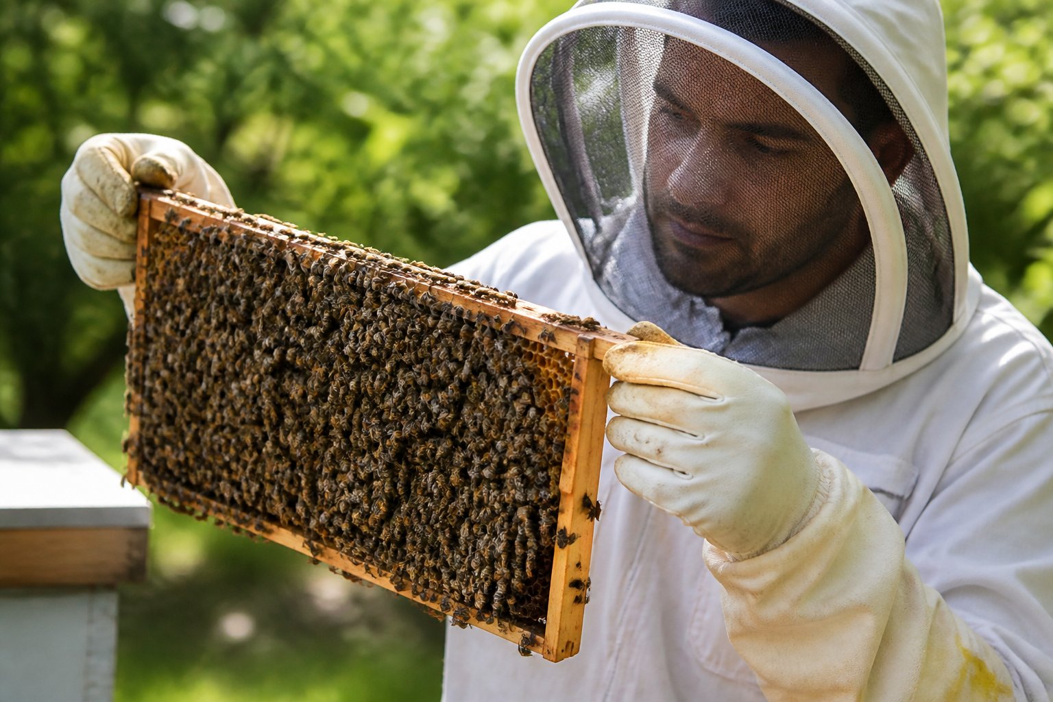 A beekeeper in protective gear carefully holding a wooden frame covered with bees outdoors in a garden.