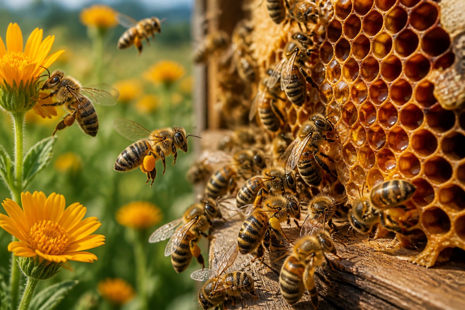 Close-up of honeybees collecting nectar and working inside a honeycomb filled with honey.