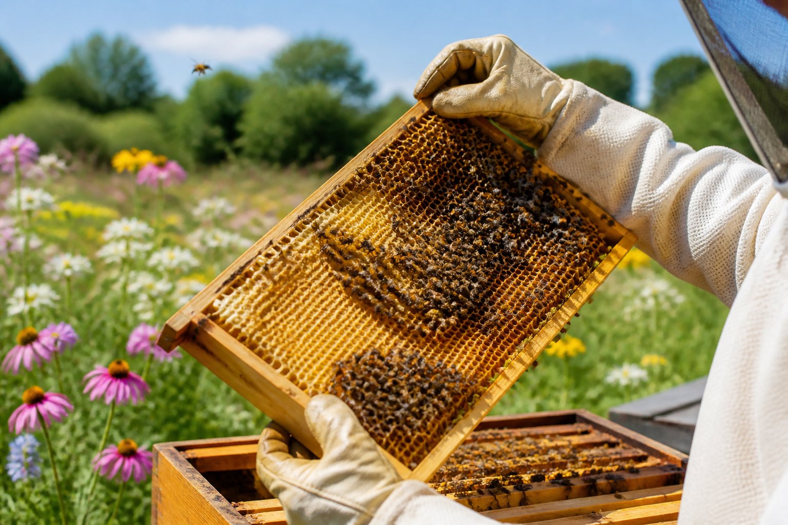 A beekeeper holding a honeycomb frame full of honey and bees in a flowering meadow.