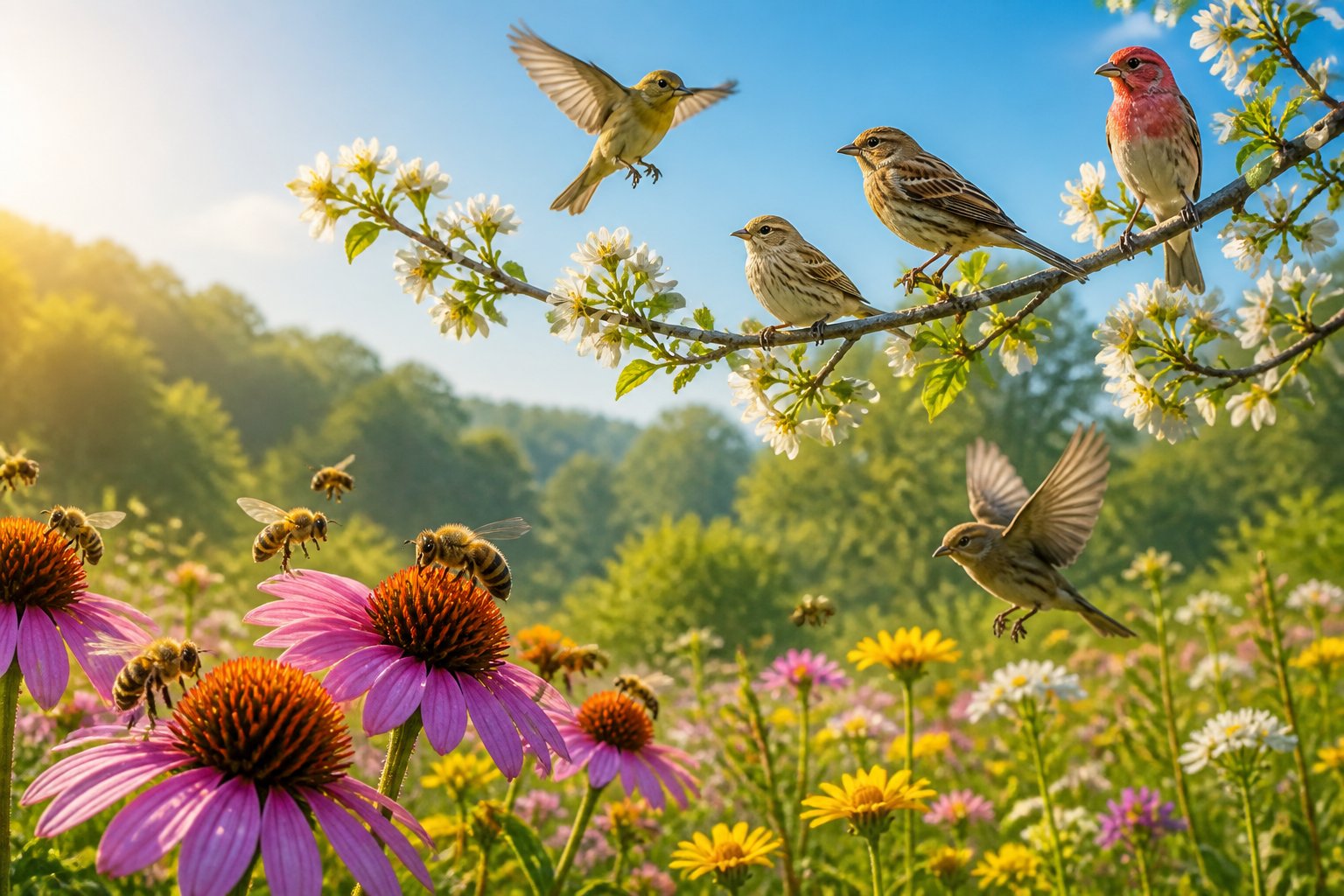 A meadow with bees collecting nectar from flowers and small birds perched on tree branches under a clear sky.