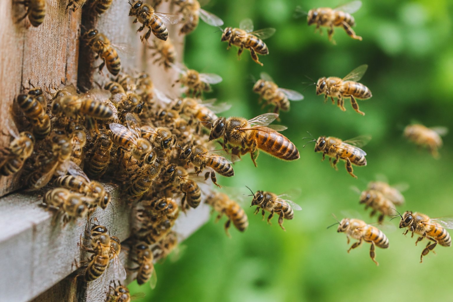 Close-up of a swarm of honeybees flying near a beehive entrance with a queen bee visible among them.