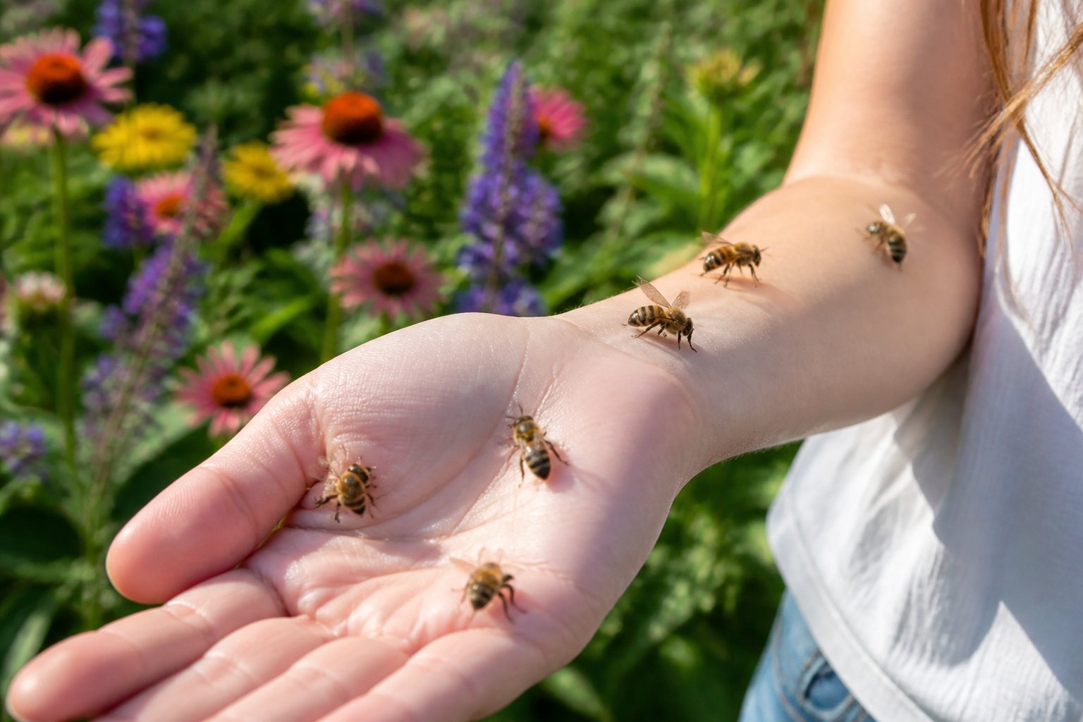 A person outdoors with bees landing gently on their hand and arm surrounded by flowers.