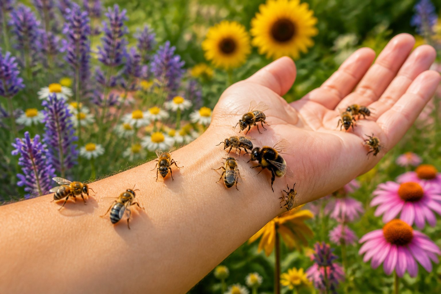 Close-up of different bees landing on a person's hand surrounded by blooming flowers in a garden.