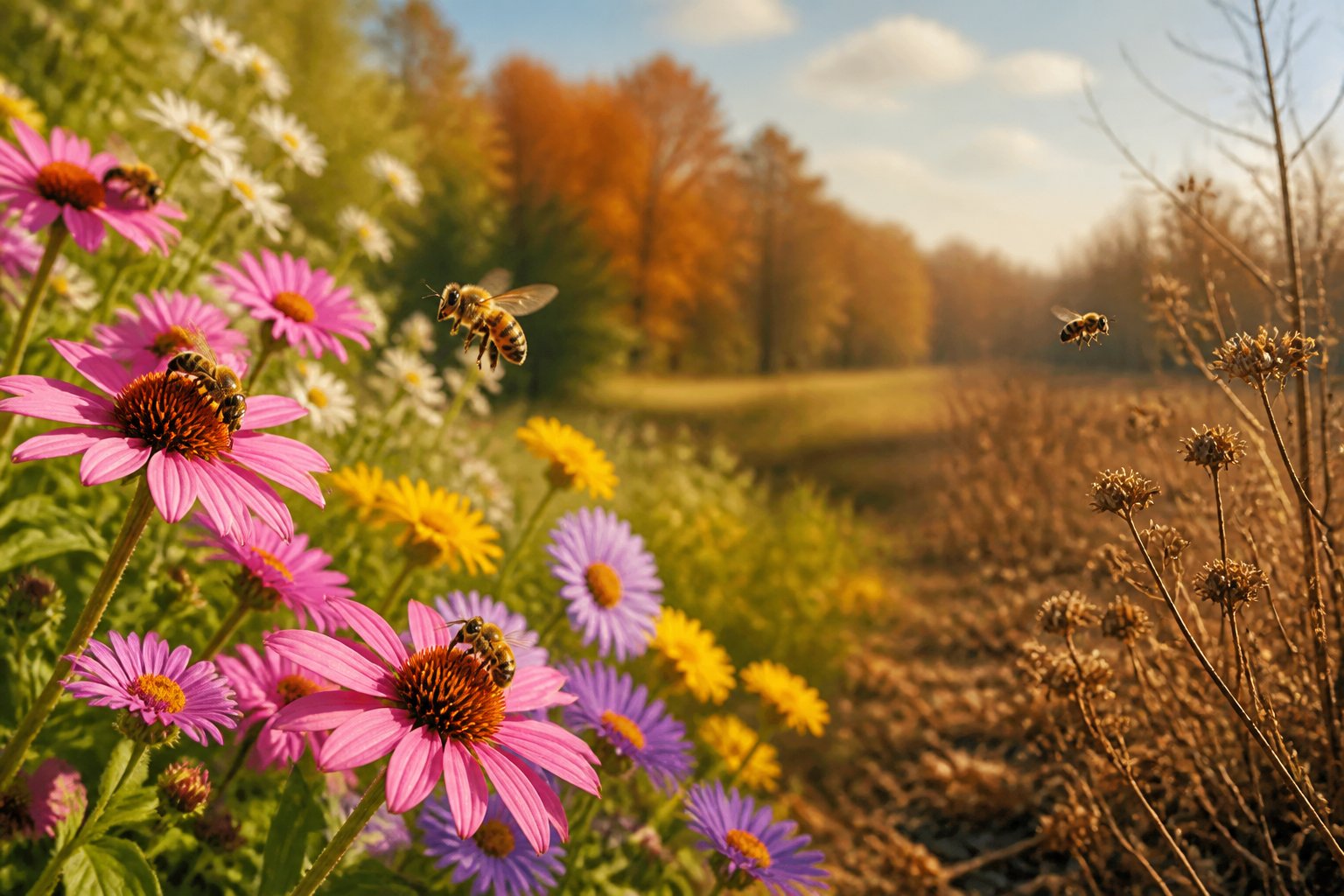 A natural scene showing bees pollinating flowers in spring and fewer bees in a late autumn background.