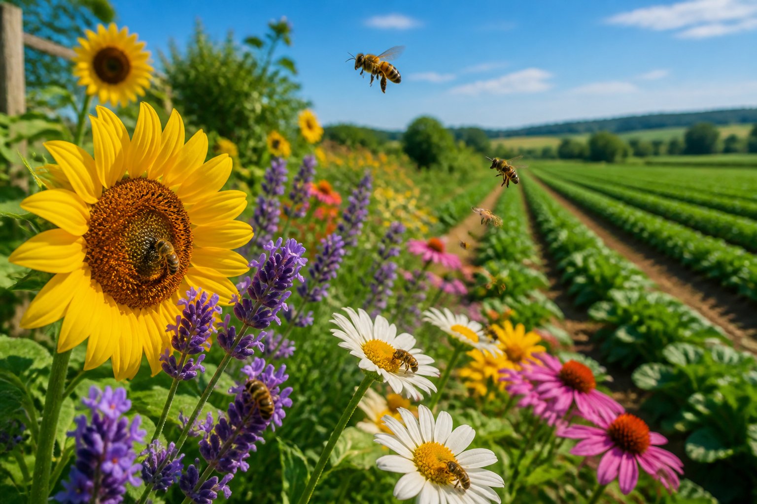 Bees actively pollinating flowers in a vibrant garden with a farm field in the background under a clear sky.