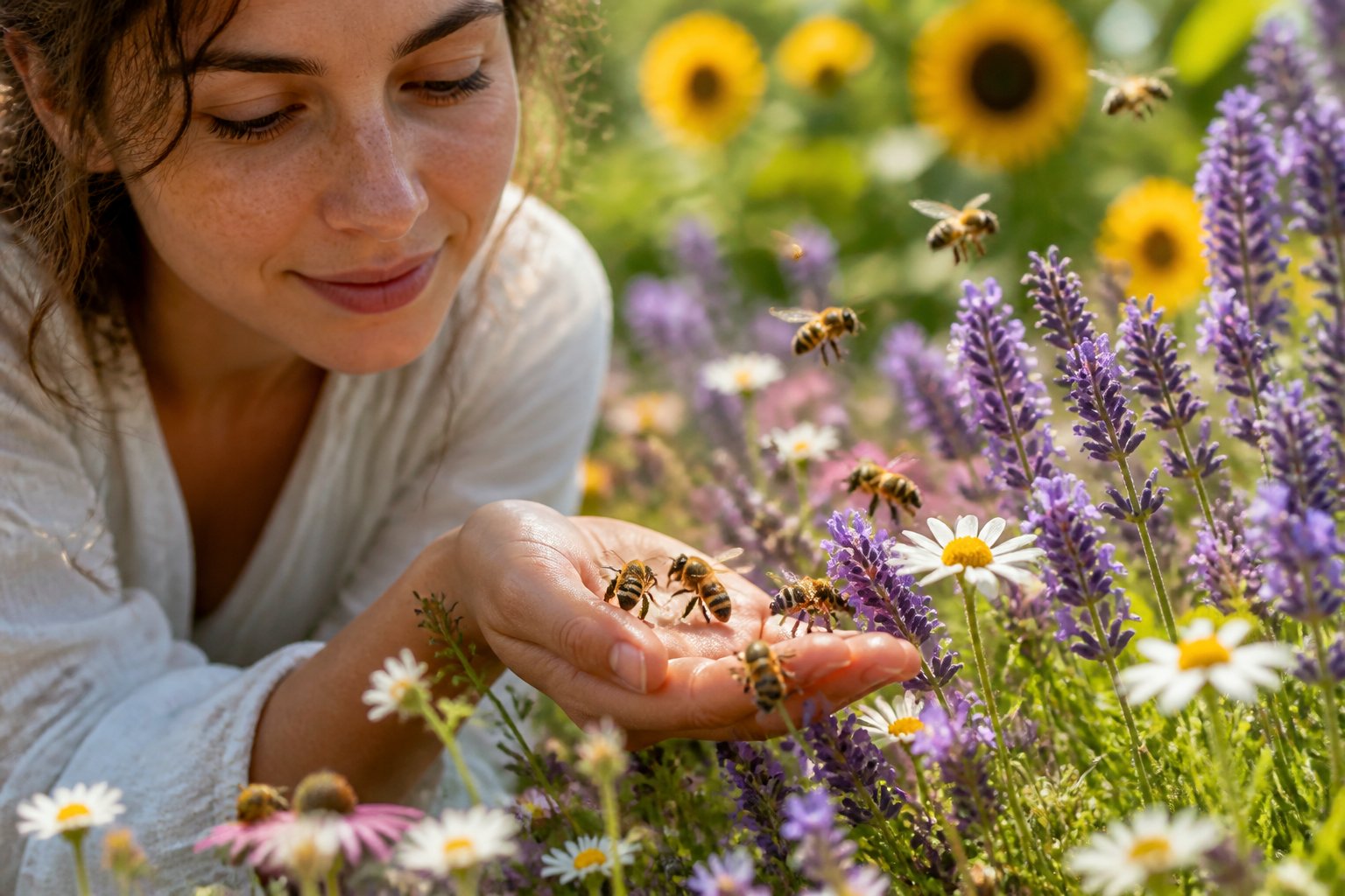 A person outdoors in a garden with bees hovering around colorful flowers.