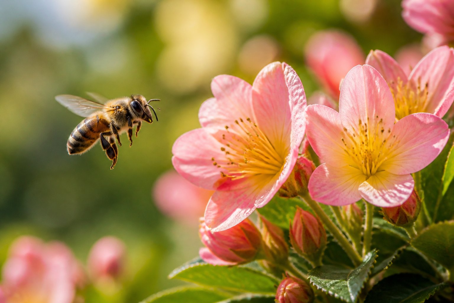 A close-up of a bee hovering near colorful flowers in a sunlit garden.