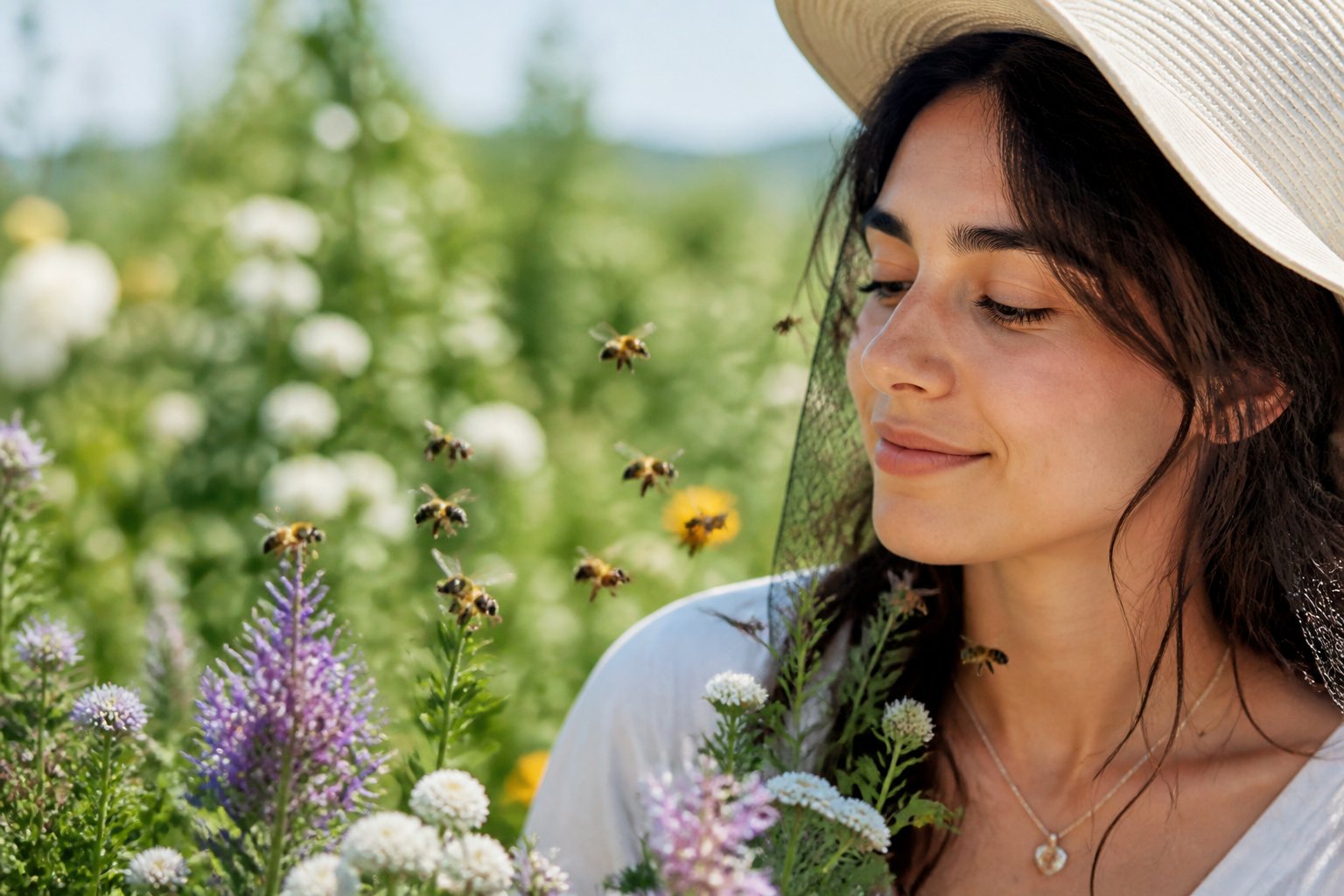 A person outdoors in a garden with flowers, calmly surrounded by bees flying nearby.