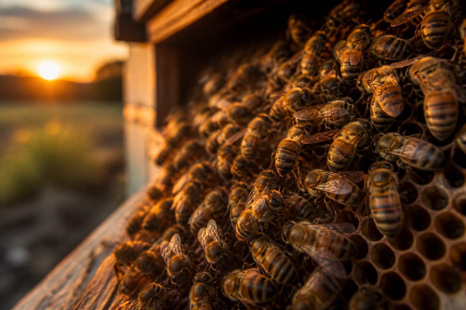 Bees resting inside a hive on honeycomb cells at sunset.