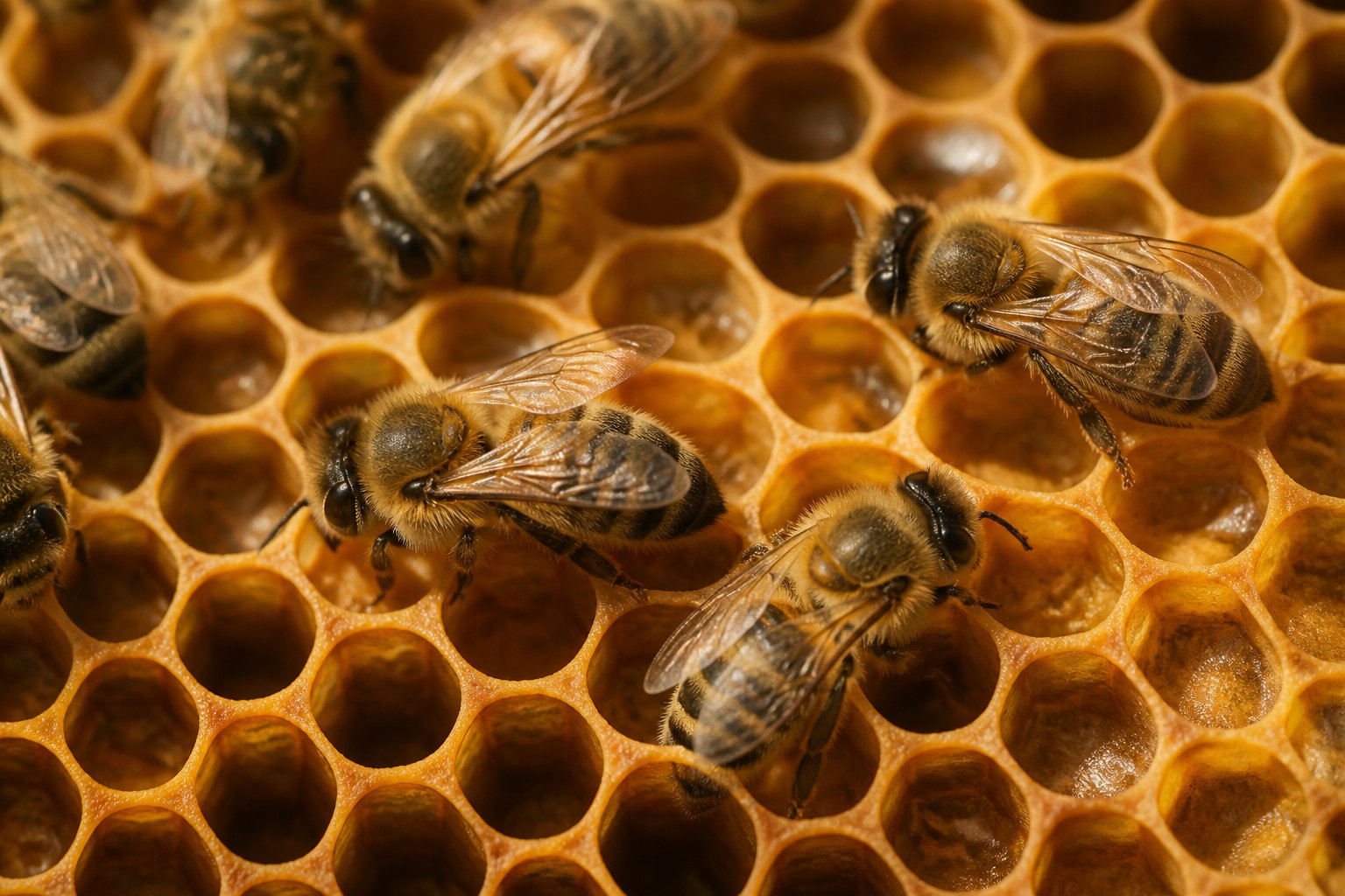 Close-up of honeybees resting quietly inside a sunlit honeycomb in a beehive.
