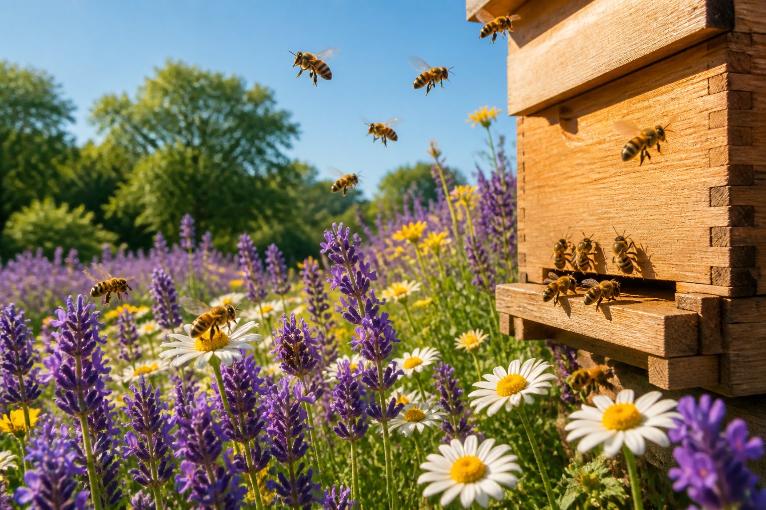 Honeybees flying and gathering nectar from flowers near a wooden beehive in a garden during early morning.