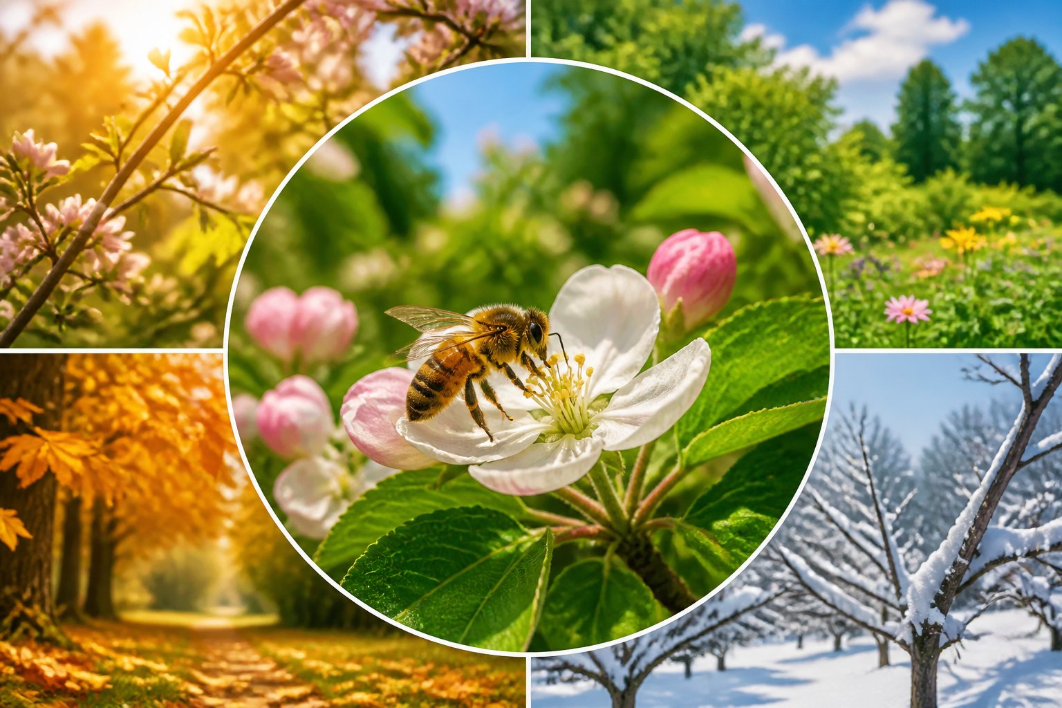 A close-up of a honeybee on a blooming flower with seasonal elements showing spring, summer, autumn, and winter in the background.