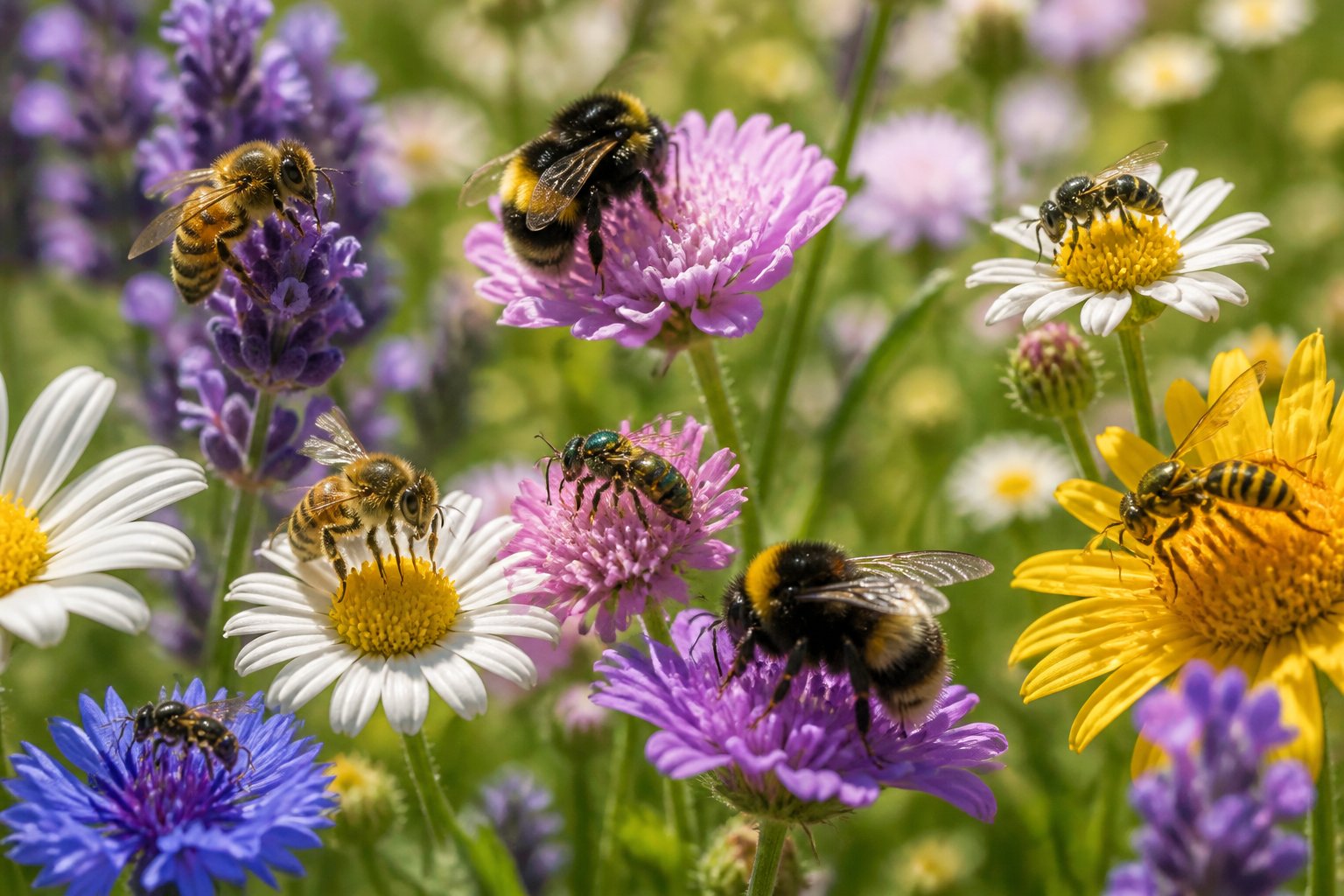 Various species of bees on colorful flowers in a garden, showing different types of bees gathering nectar.