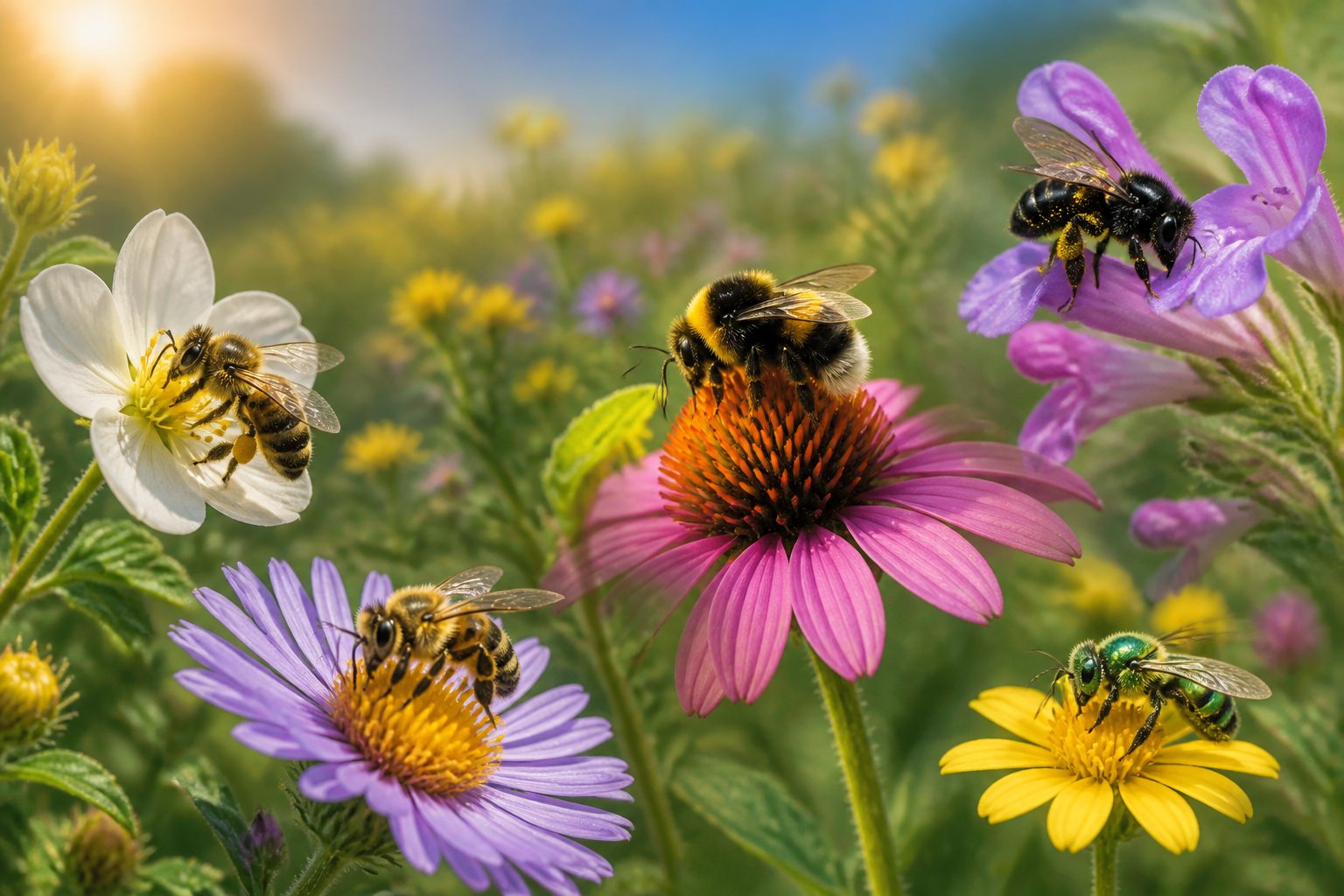 Various bees foraging on flowers in a garden at different times of the day, with morning and afternoon sunlight.