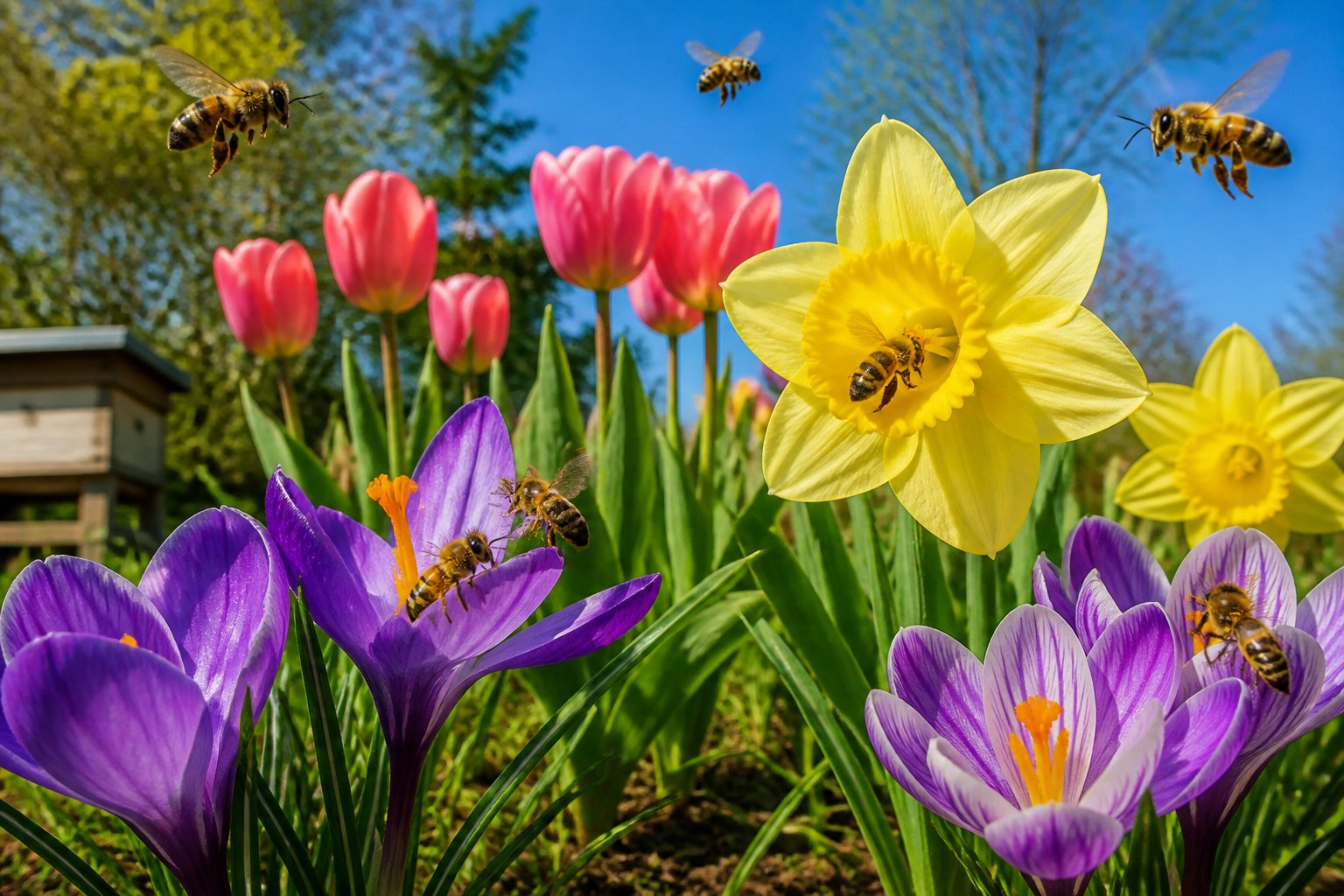 Honeybees flying and collecting nectar from colorful spring flowers in a garden under a clear blue sky.