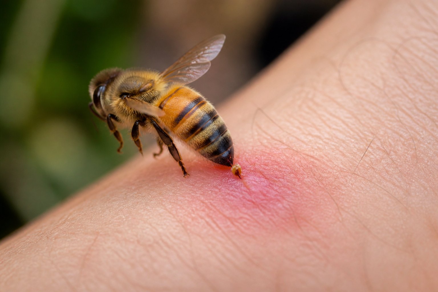 A honeybee stinging a person's skin with visible redness around the sting site.
