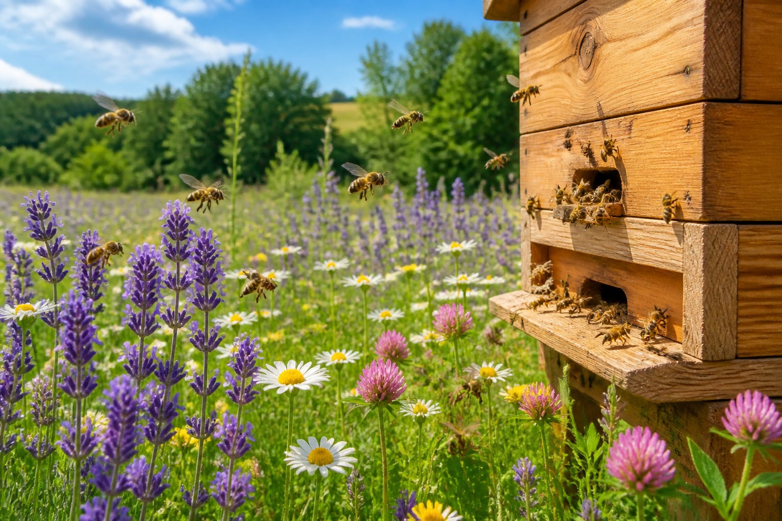A sunlit meadow with wildflowers and a wooden beehive where bees are pollinating flowers and entering the hive.