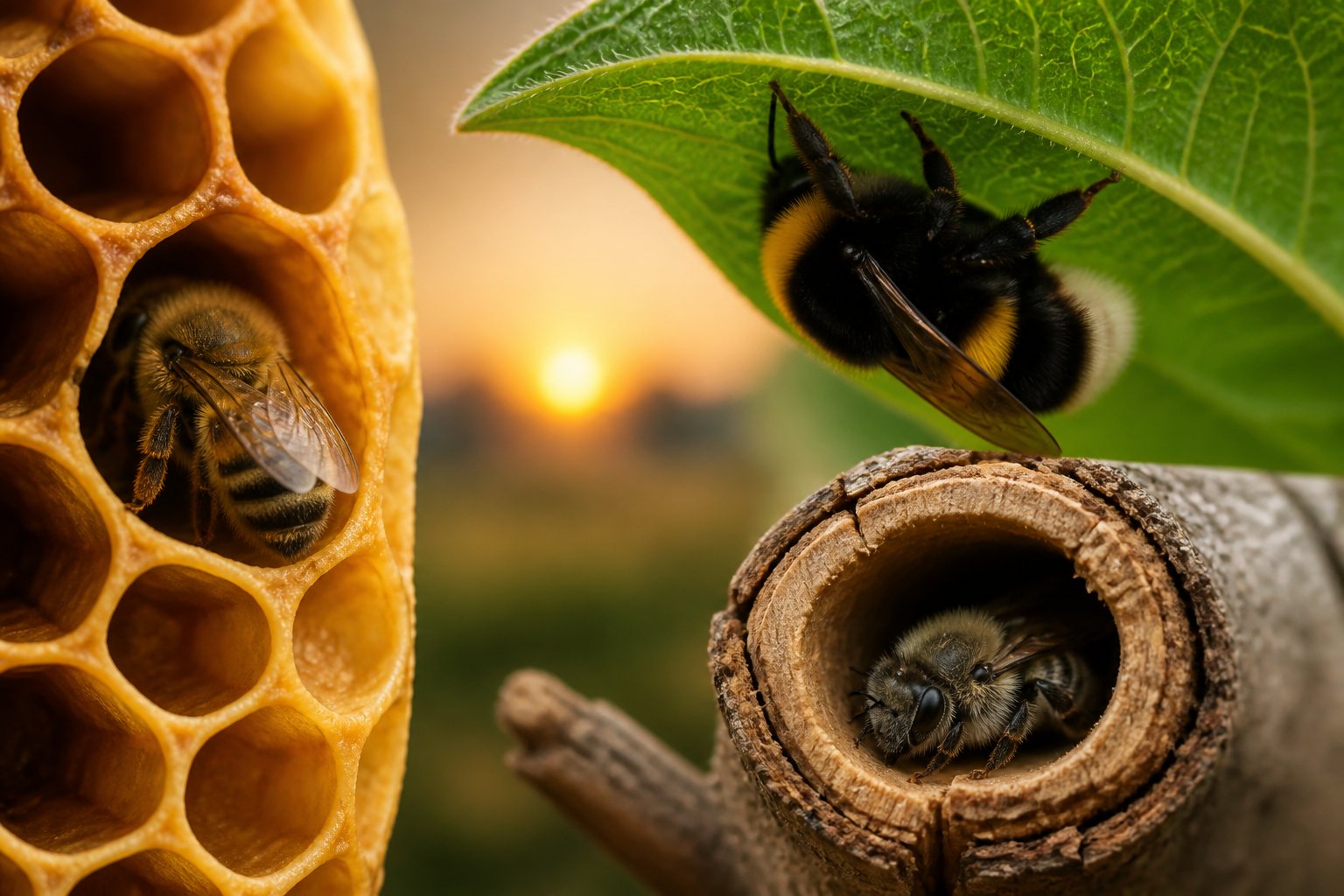 Different types of bees resting in their natural habitats, including a honeybee inside a honeycomb, a bumblebee under a leaf, and a solitary bee in a tree hollow.