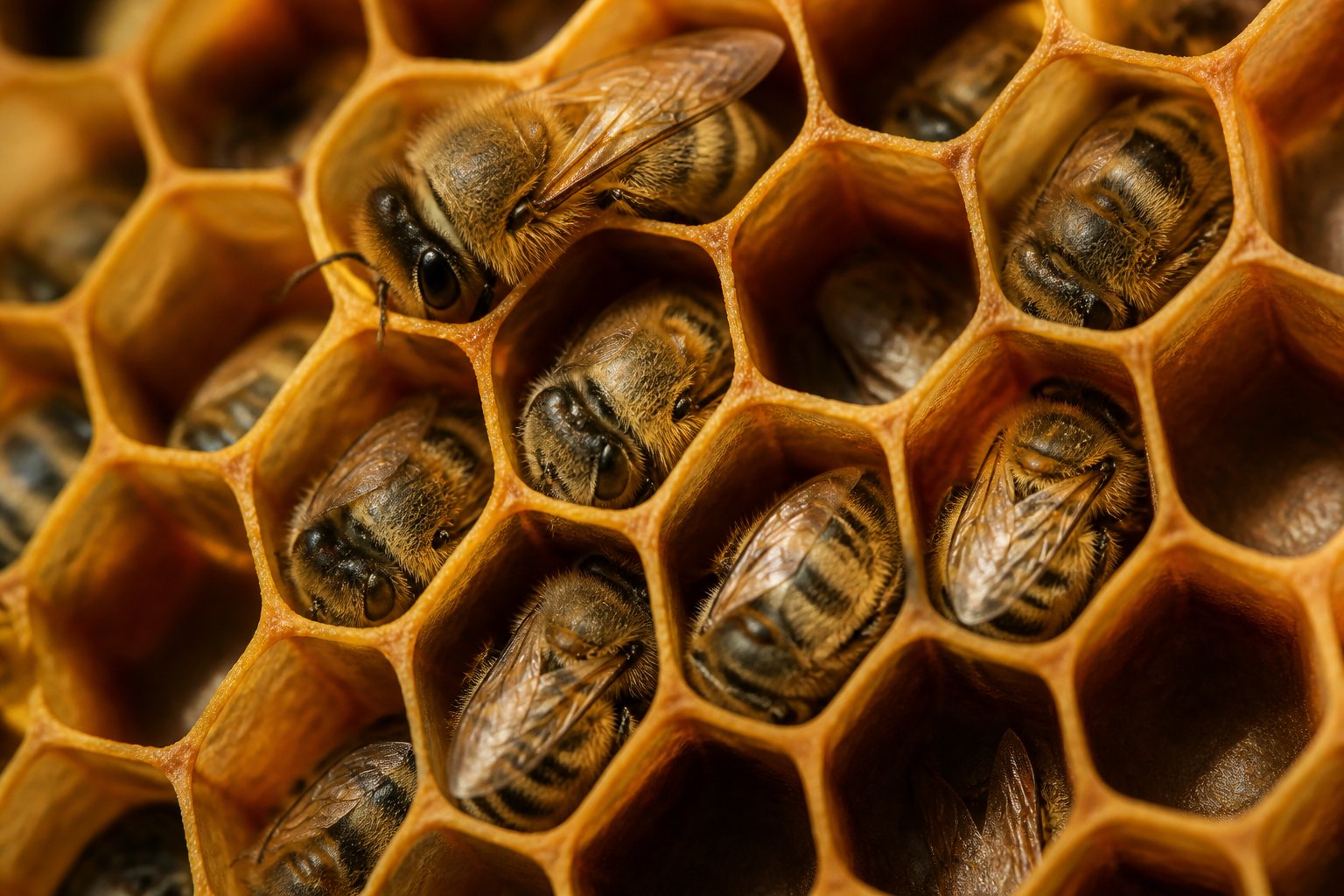 Close-up of honeybees resting quietly inside the cells of a honeycomb in a beehive.