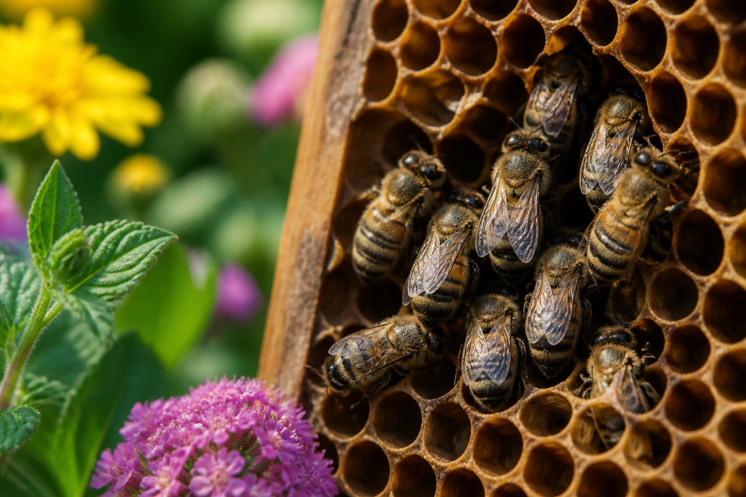 Close-up of bees resting inside a honeycomb in a natural outdoor setting surrounded by flowers and greenery.