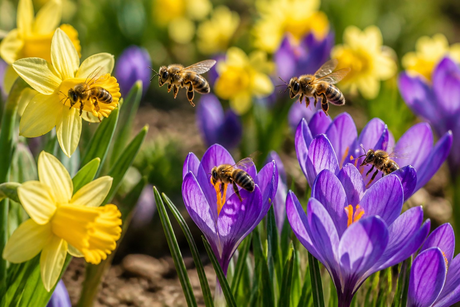 Bees flying and landing on blooming spring flowers in a garden during early spring.