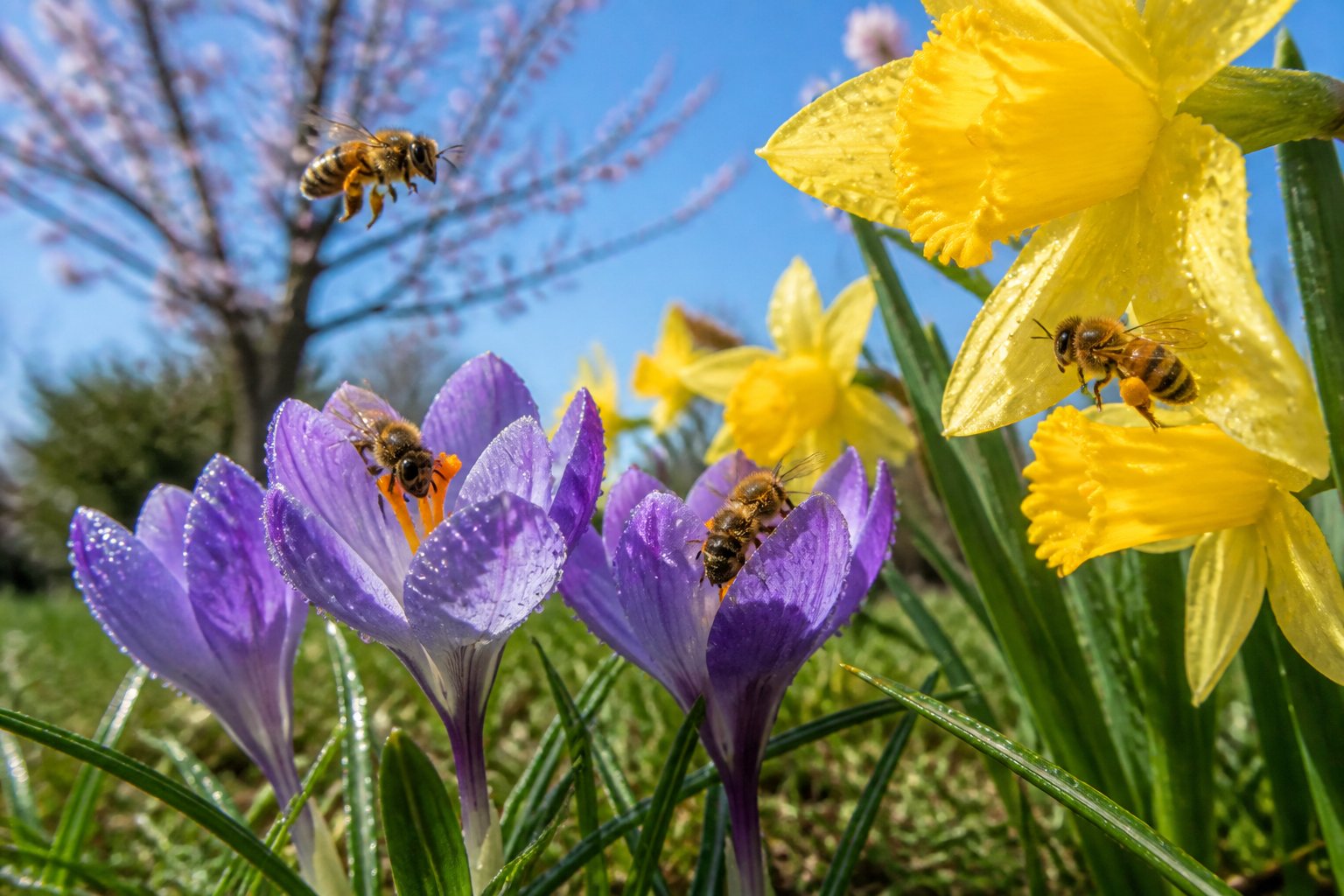 Bees flying and landing on blooming spring flowers in a sunlit garden with green grass and budding trees.
