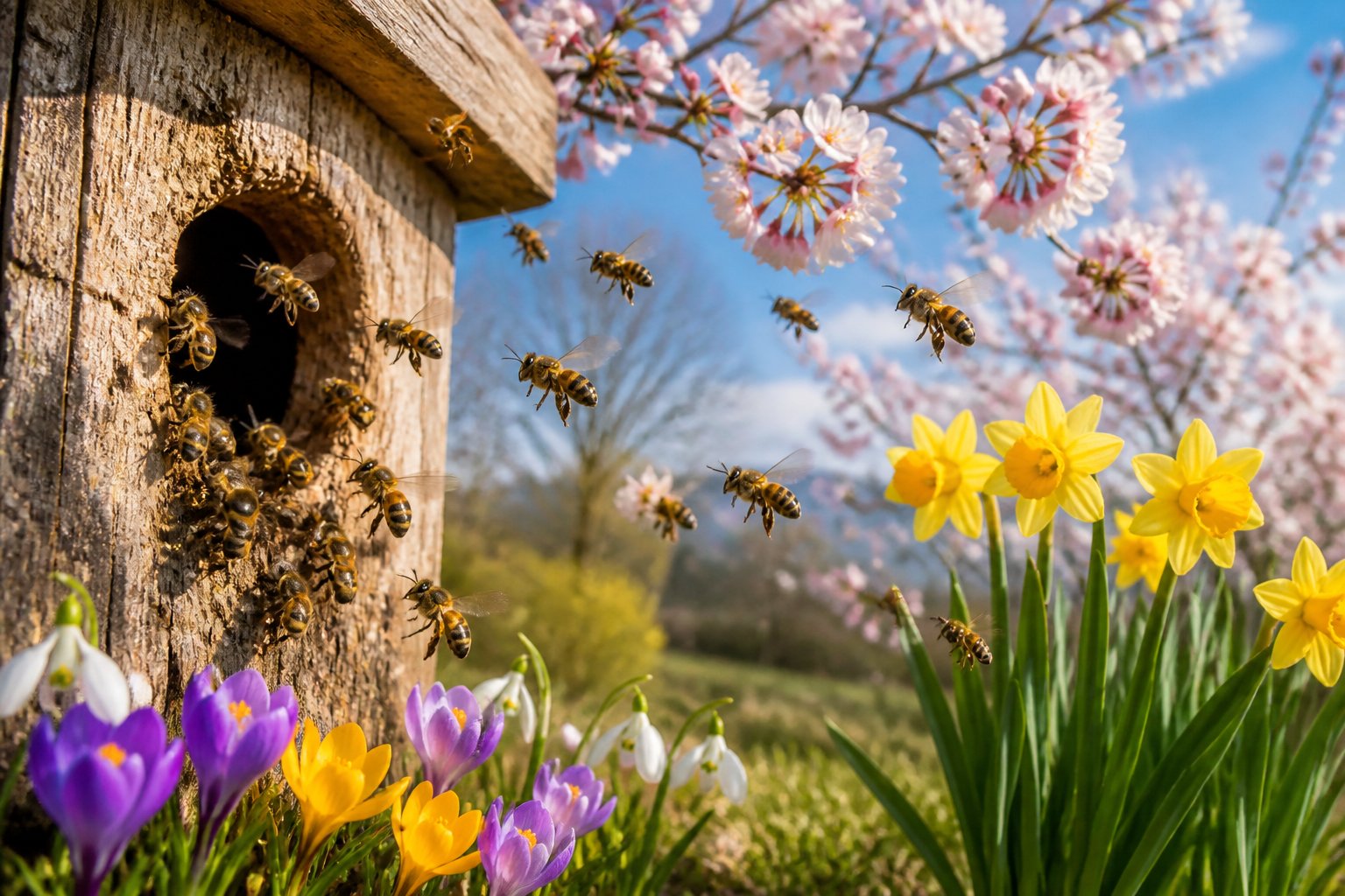 Honeybees emerging from a hive and flying around blooming spring flowers in a garden.