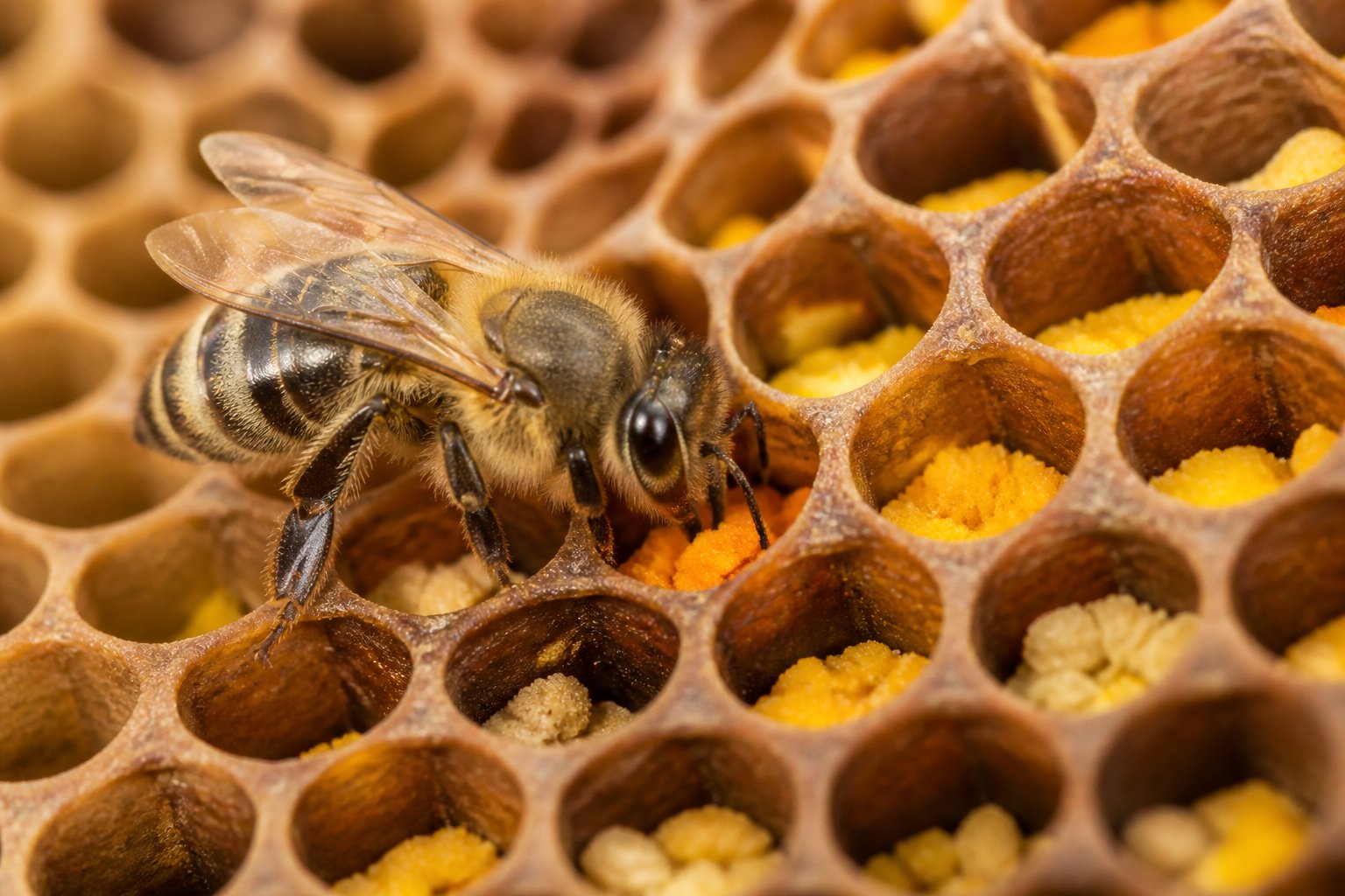 A honeybee storing colorful pollen pellets inside a honeycomb cell in a beehive.