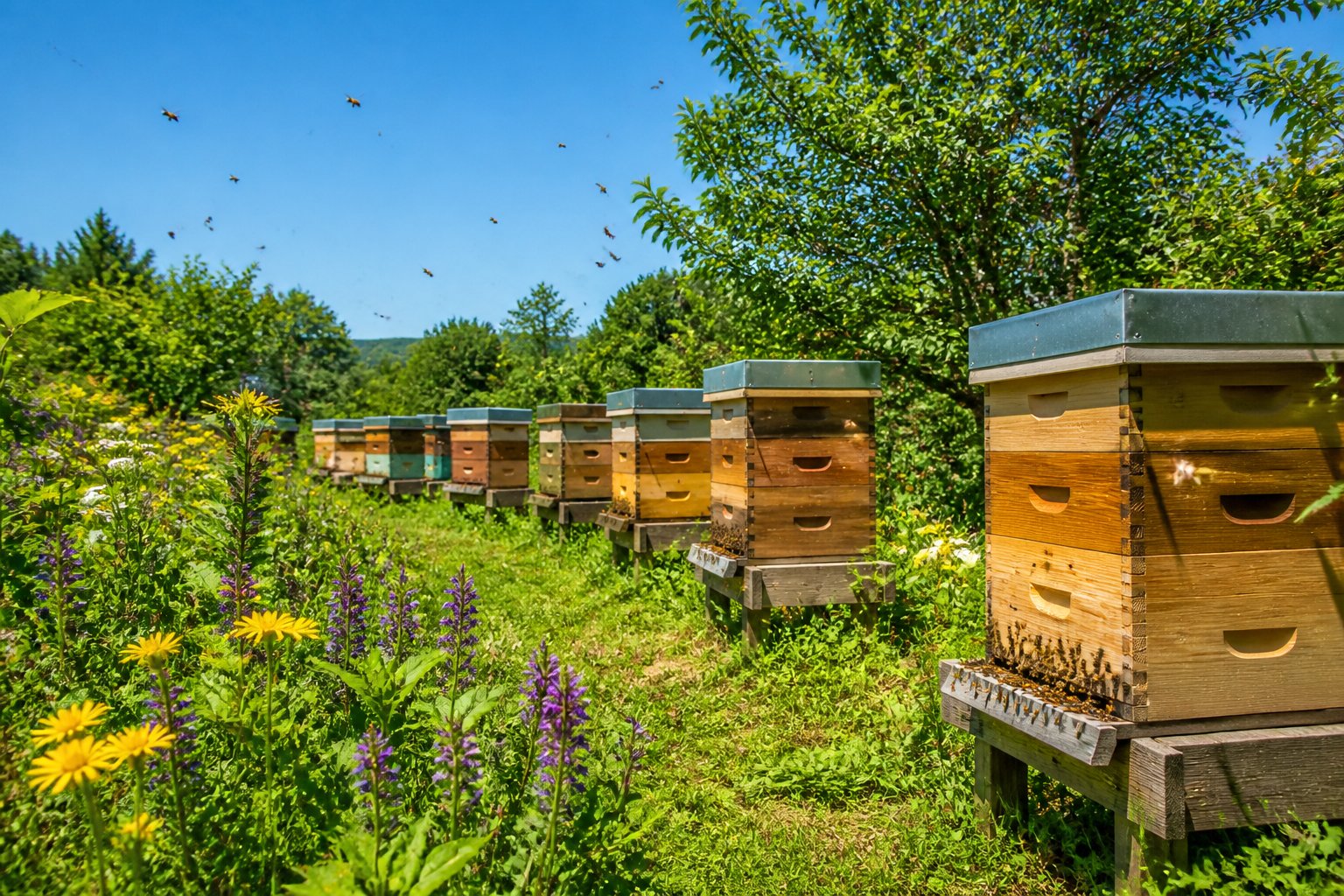 Several wooden beehives in a green meadow with bees flying around and flowering plants nearby.
