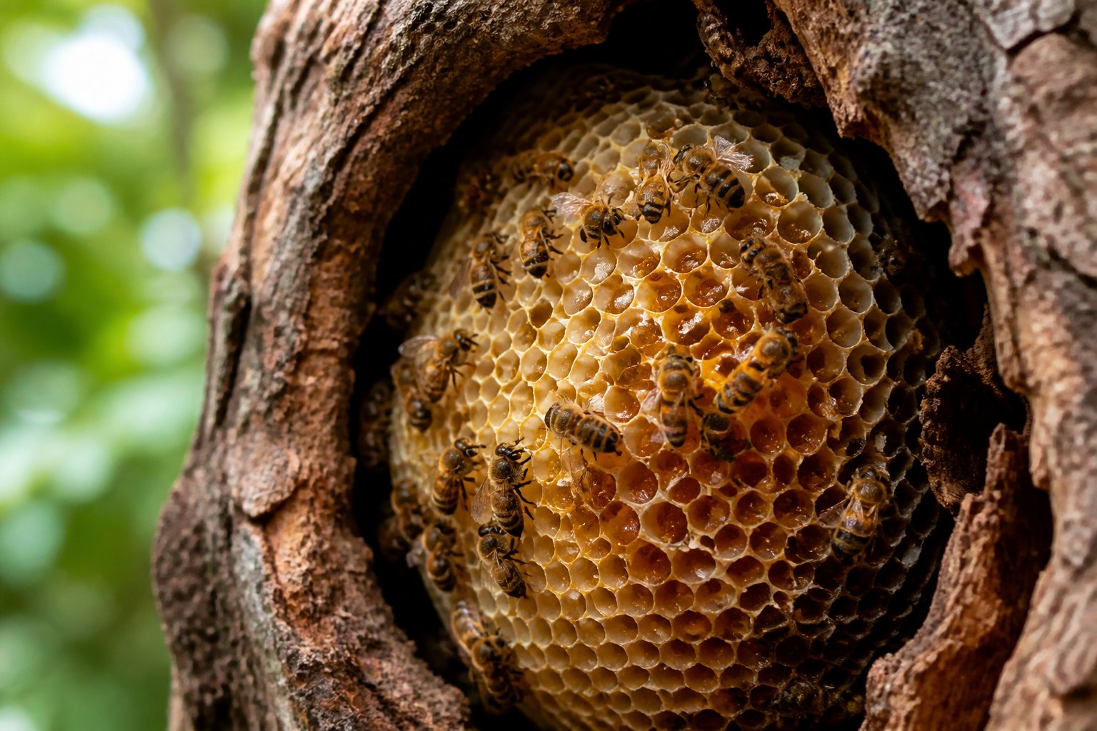 Close-up of bees storing honey in a natural honeycomb inside a tree trunk.