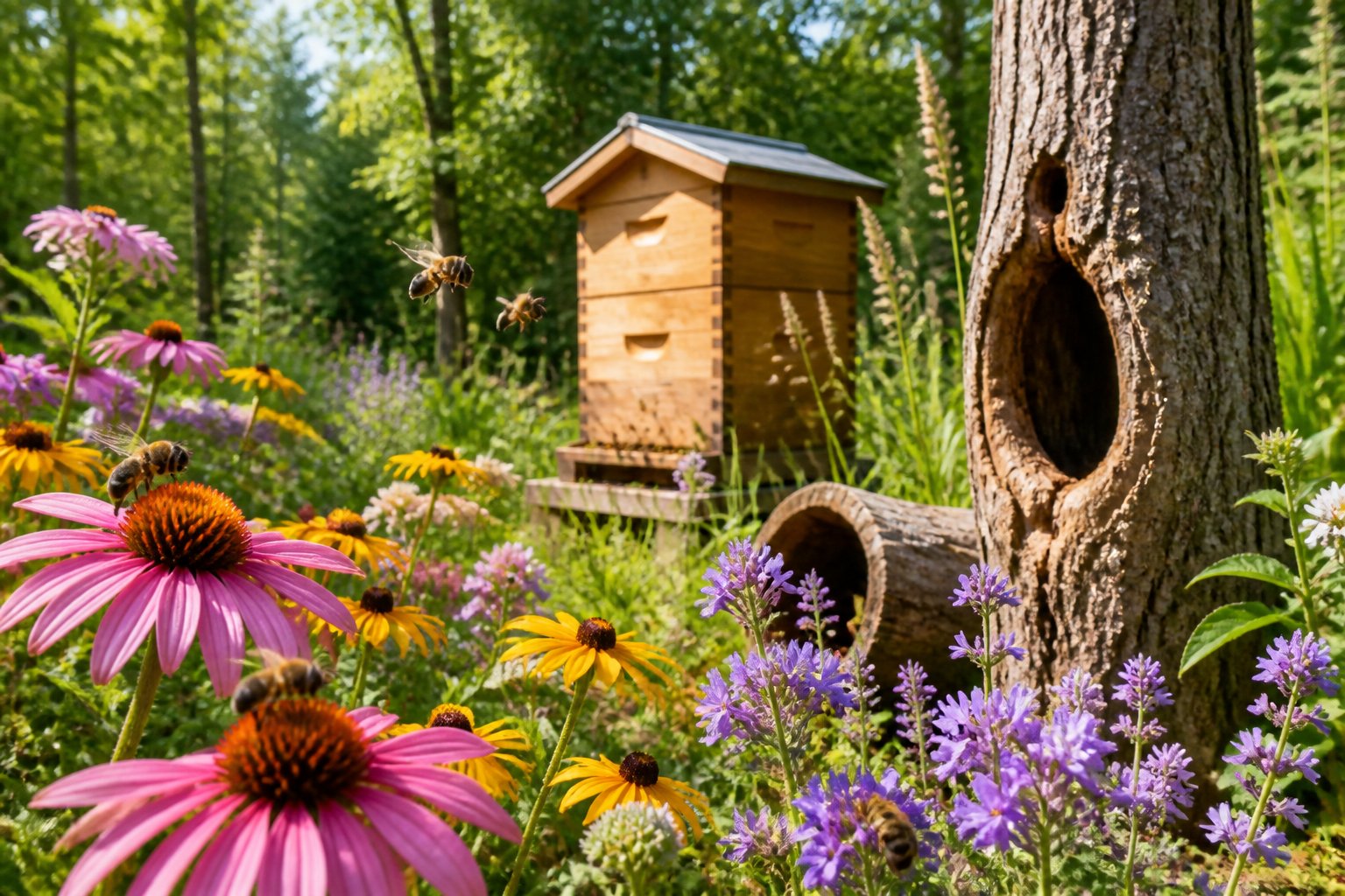 Bees flying around flowers, a wooden beehive, a hollow tree trunk, and tall grass in a garden setting.