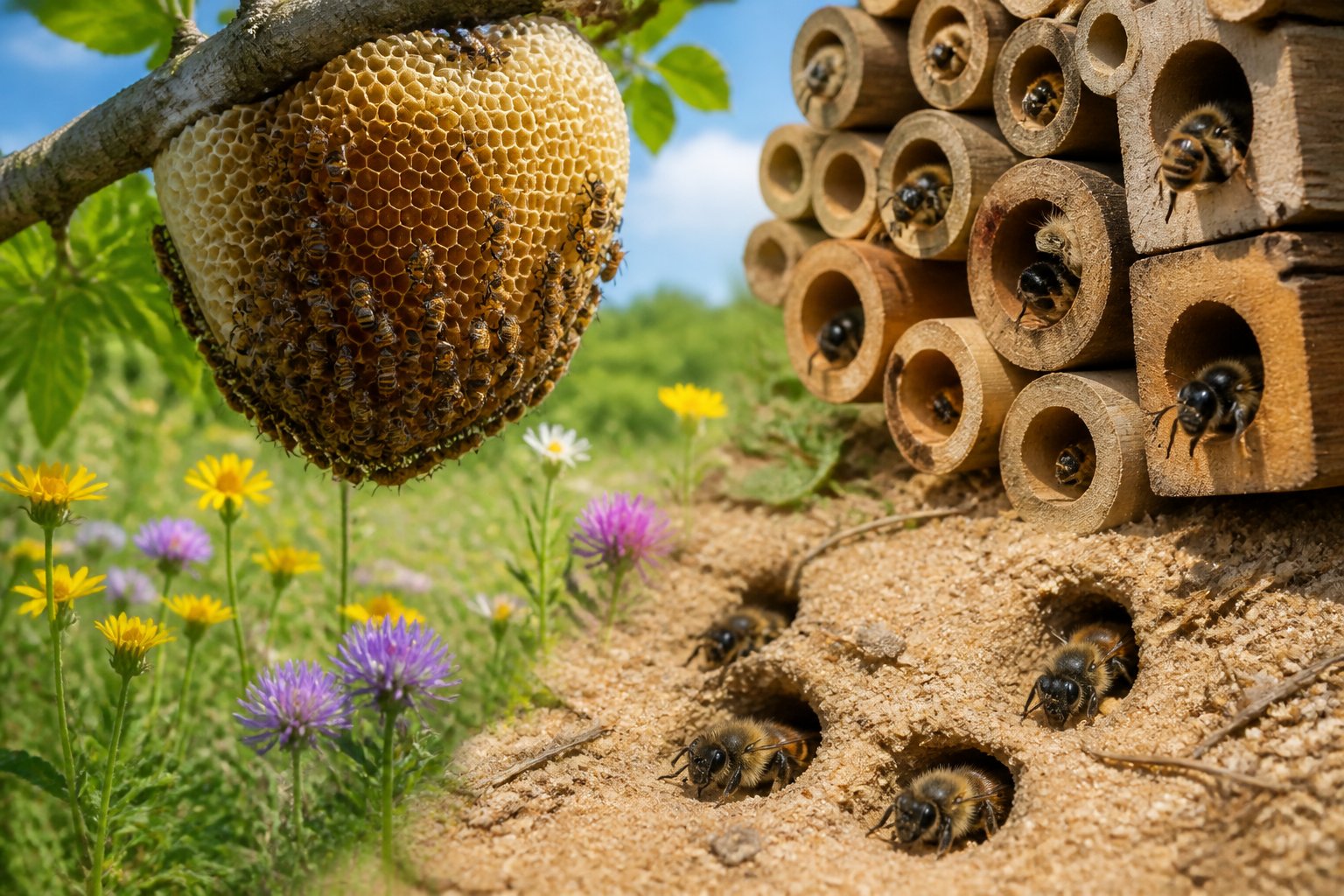 Various bees nesting in natural environments including a tree beehive, hollow plant stems, and sandy soil burrows in a sunlit meadow.