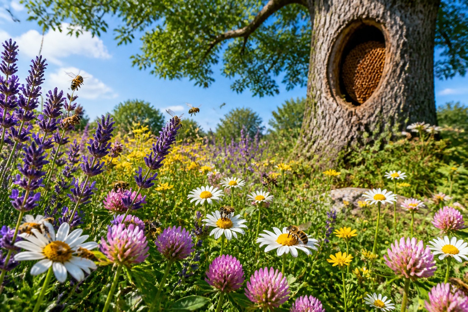 A meadow with colorful wildflowers and a tree with a natural bee hive, bees flying and pollinating flowers.