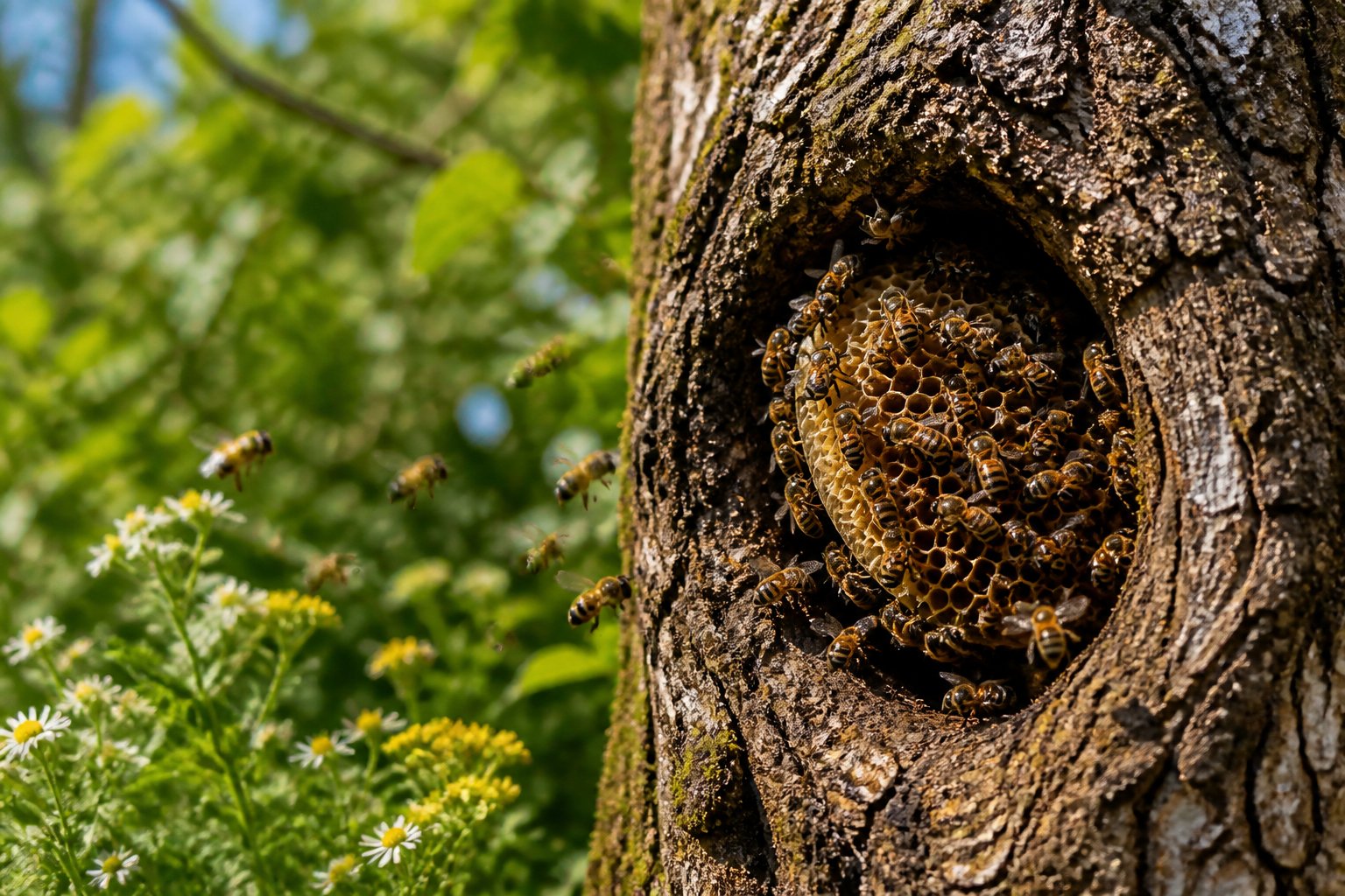 Close-up of a tree trunk with an active beehive surrounded by green leaves and bees flying around it.