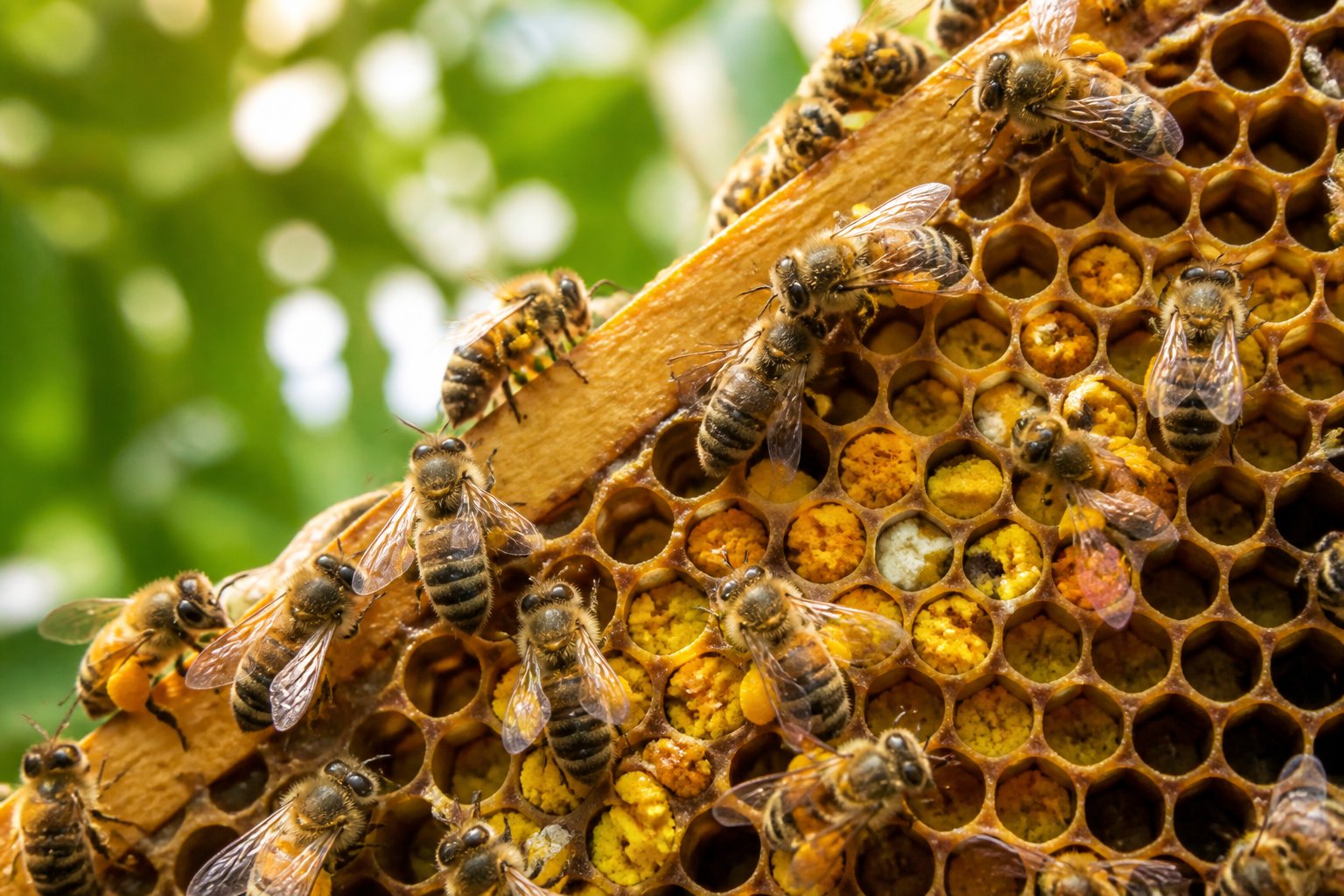 Close-up of bees storing bright yellow and orange pollen pellets inside honeycomb cells in a beehive.