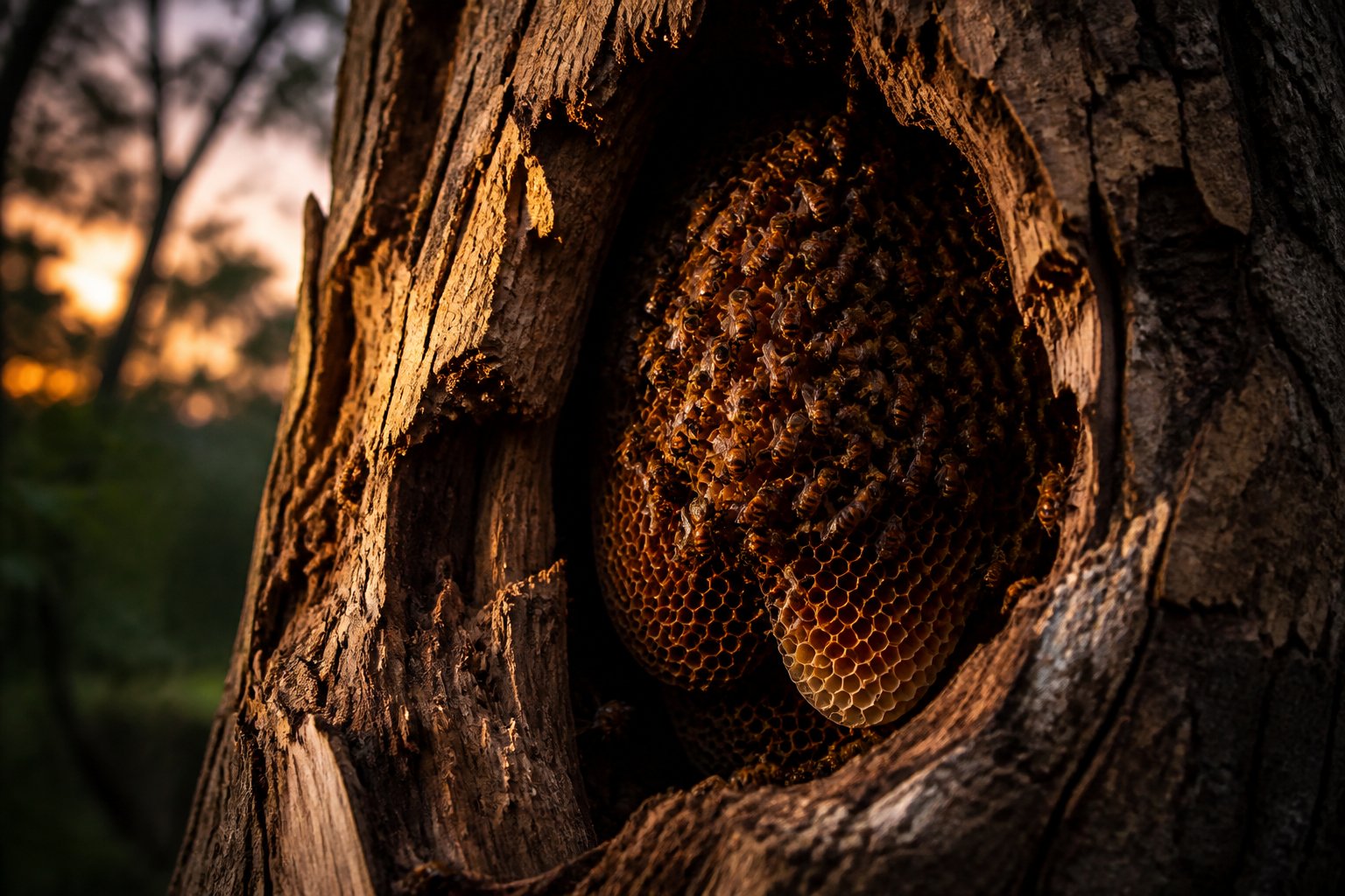 Close-up of a beehive inside a tree trunk with bees resting inside at dusk in a forest setting.