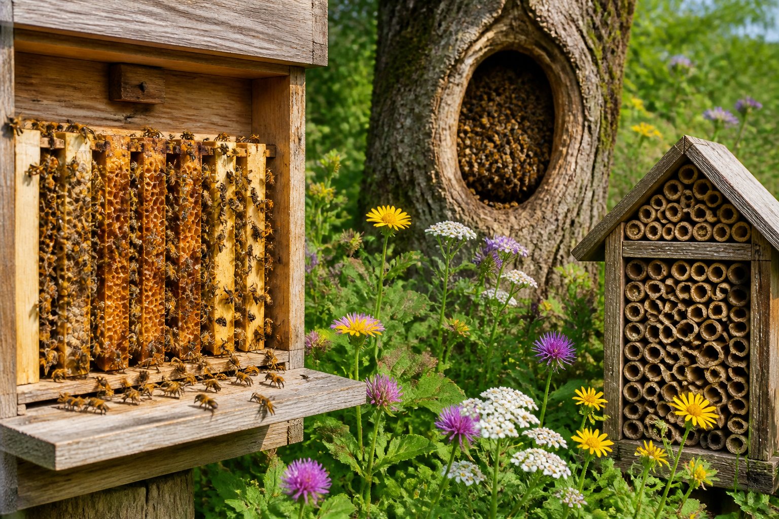 Various types of bee homes including a wooden beehive with honeycombs, a tree hollow with wild bees, and a mason bee house surrounded by flowers and greenery.