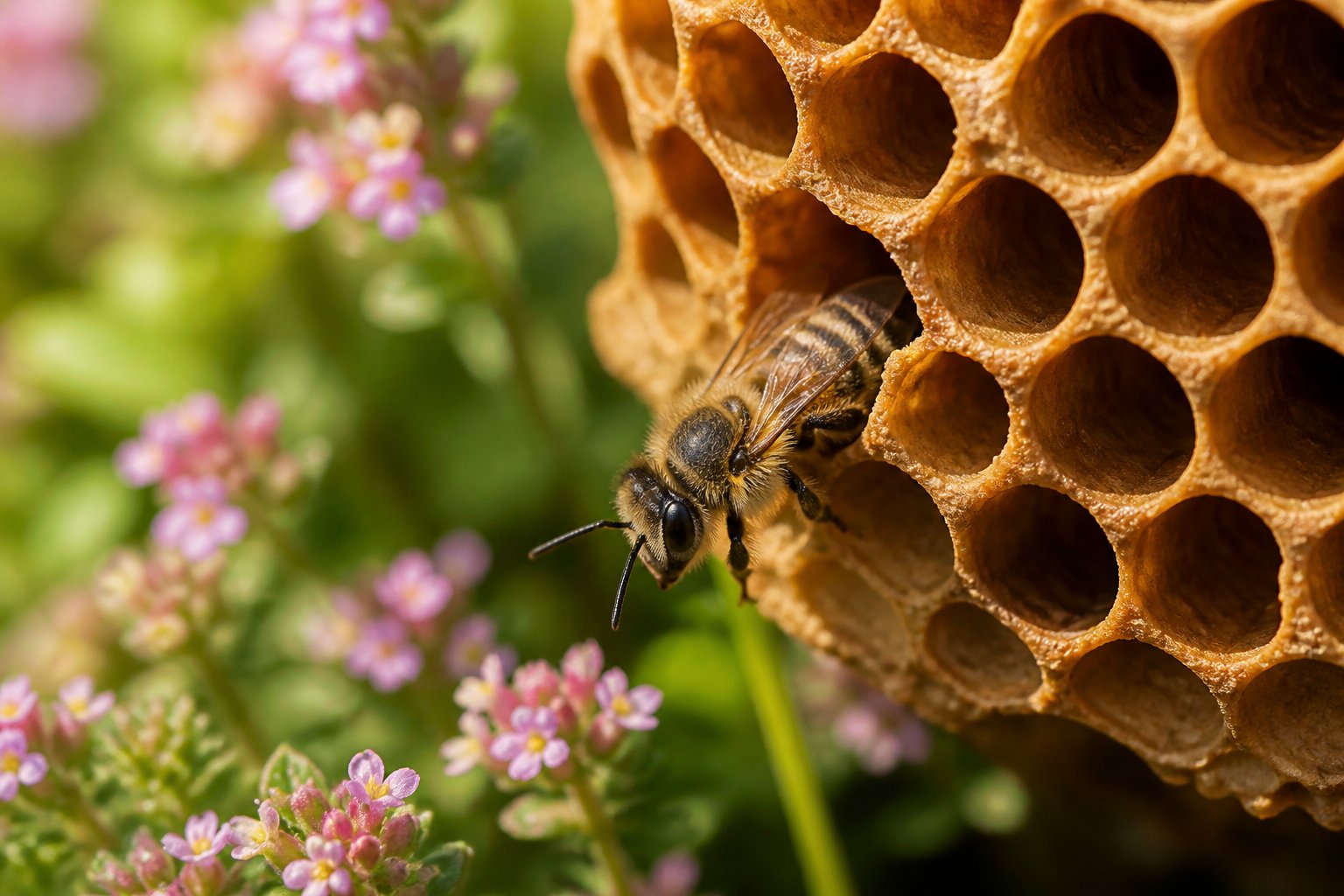 A honeybee emerging from a natural beehive surrounded by flowers and green leaves.