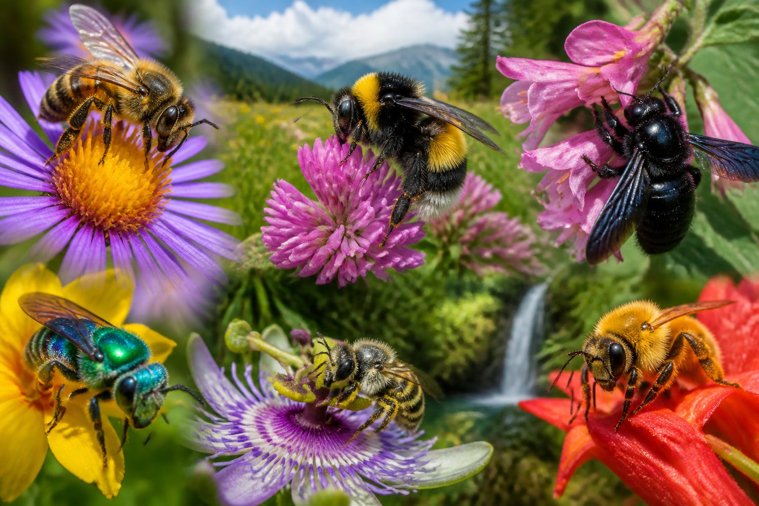 Various species of bees perched on colorful flowers in different natural habitats around the world.