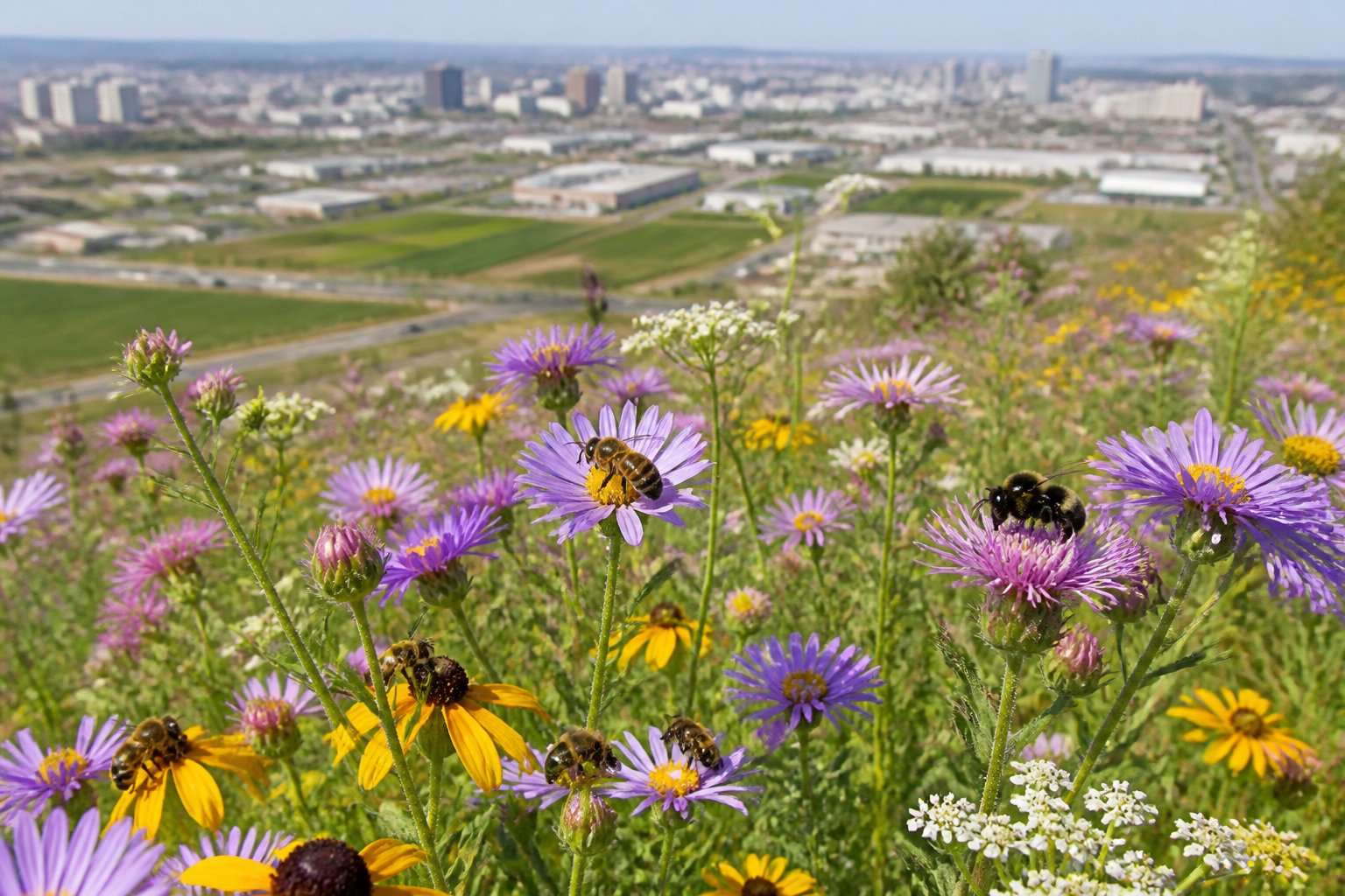 Bees pollinating wildflowers in a meadow near an urban area showing the impact of human activity on their natural habitat.