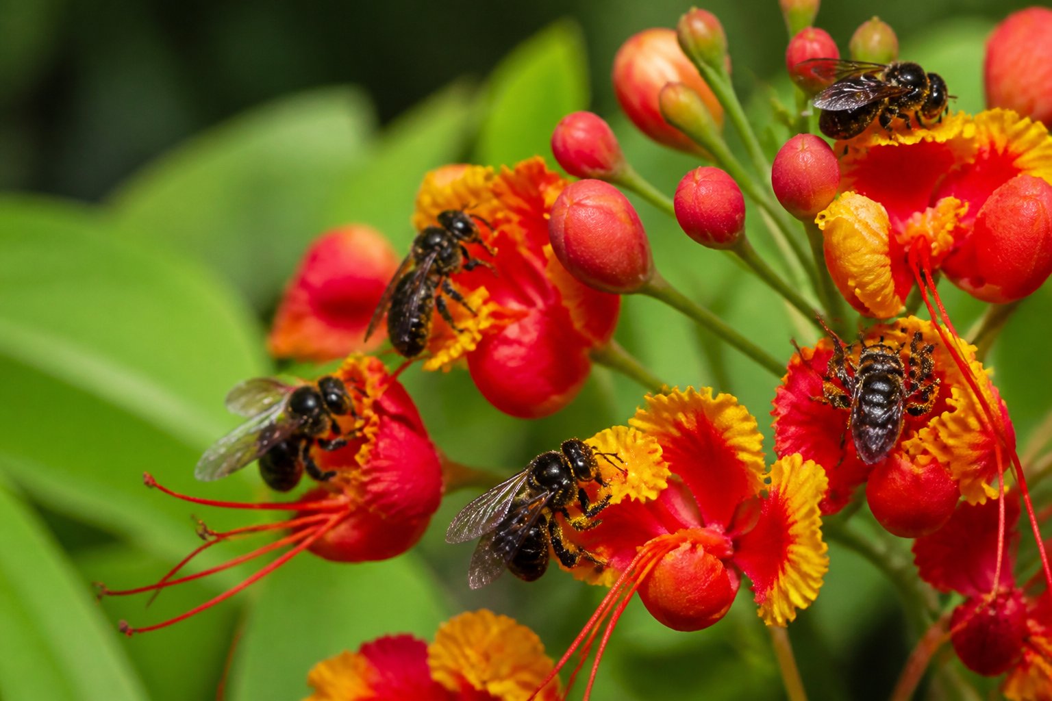 Close-up of stingless bees gathering nectar on colorful flowers with green foliage in the background.