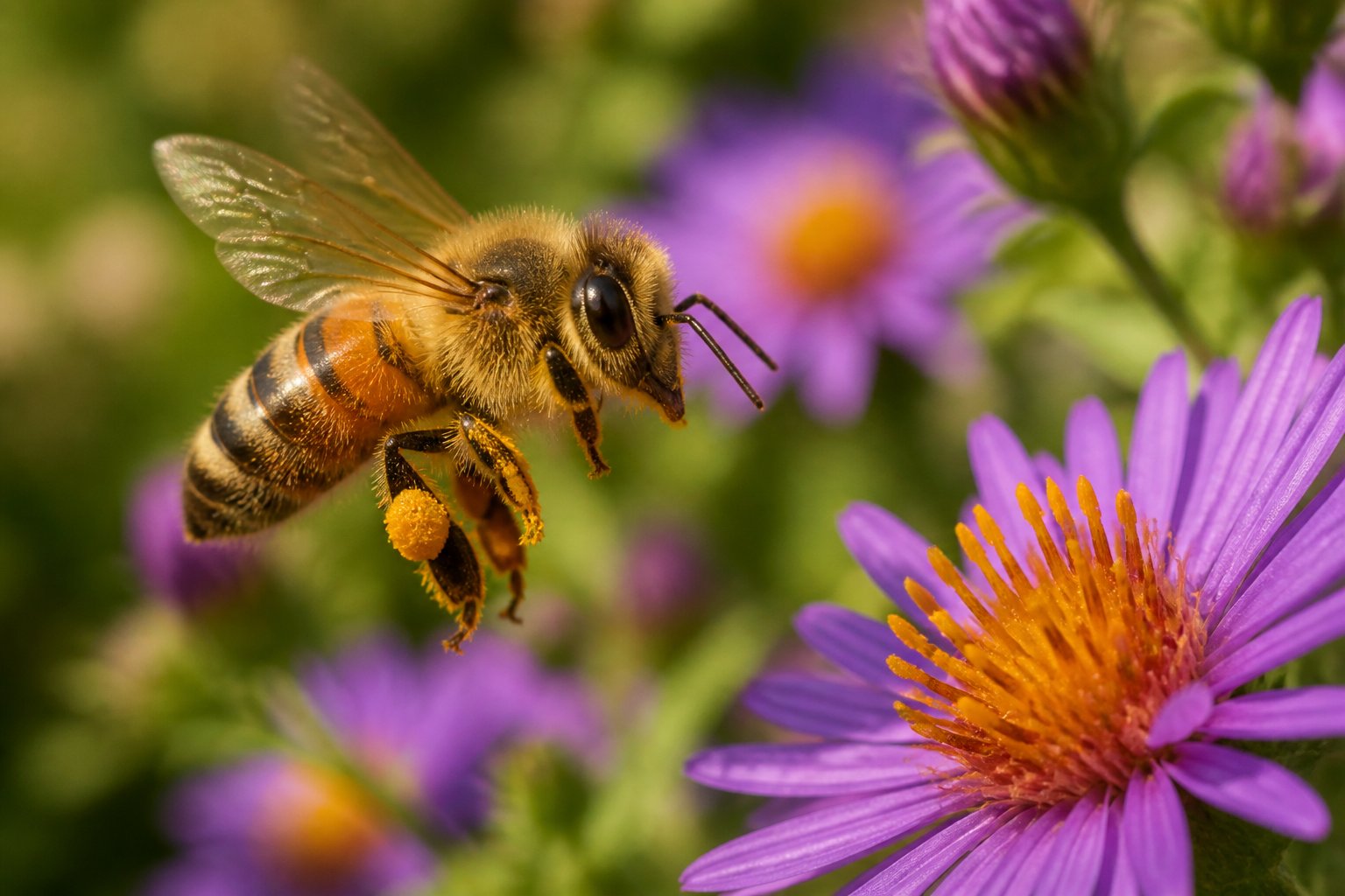 Close-up of a honeybee flying near a flower with green plants in the background.