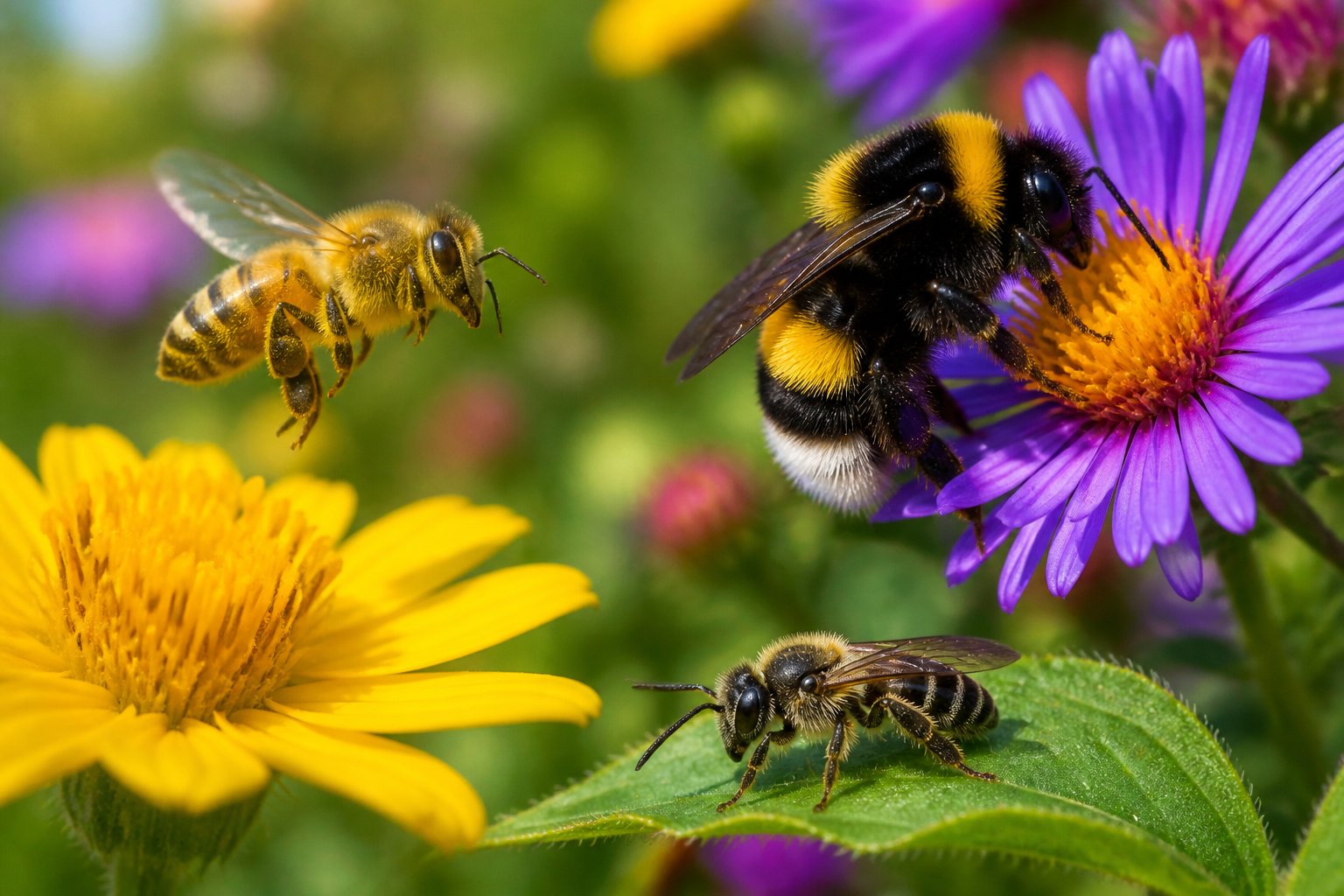 Close-up of different types of bees on flowers in a natural outdoor setting.