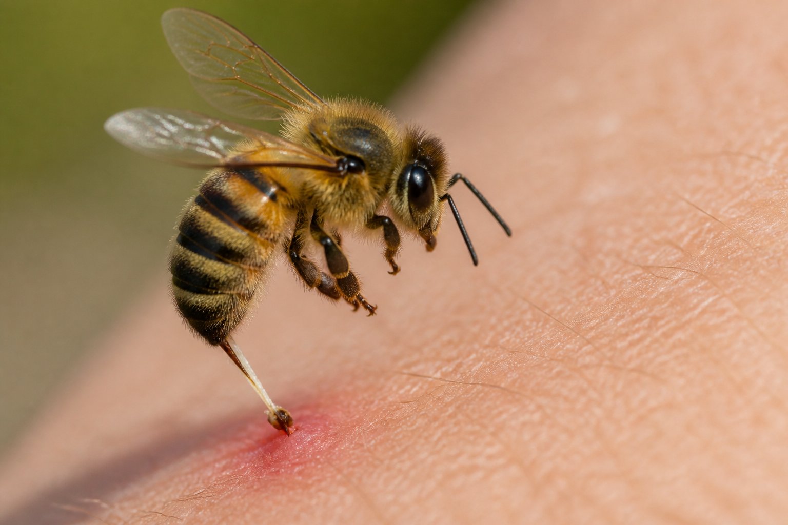 Close-up of a honeybee stinging human skin with its stinger embedded, showing the bee in mid-air and skin slightly red around the sting.