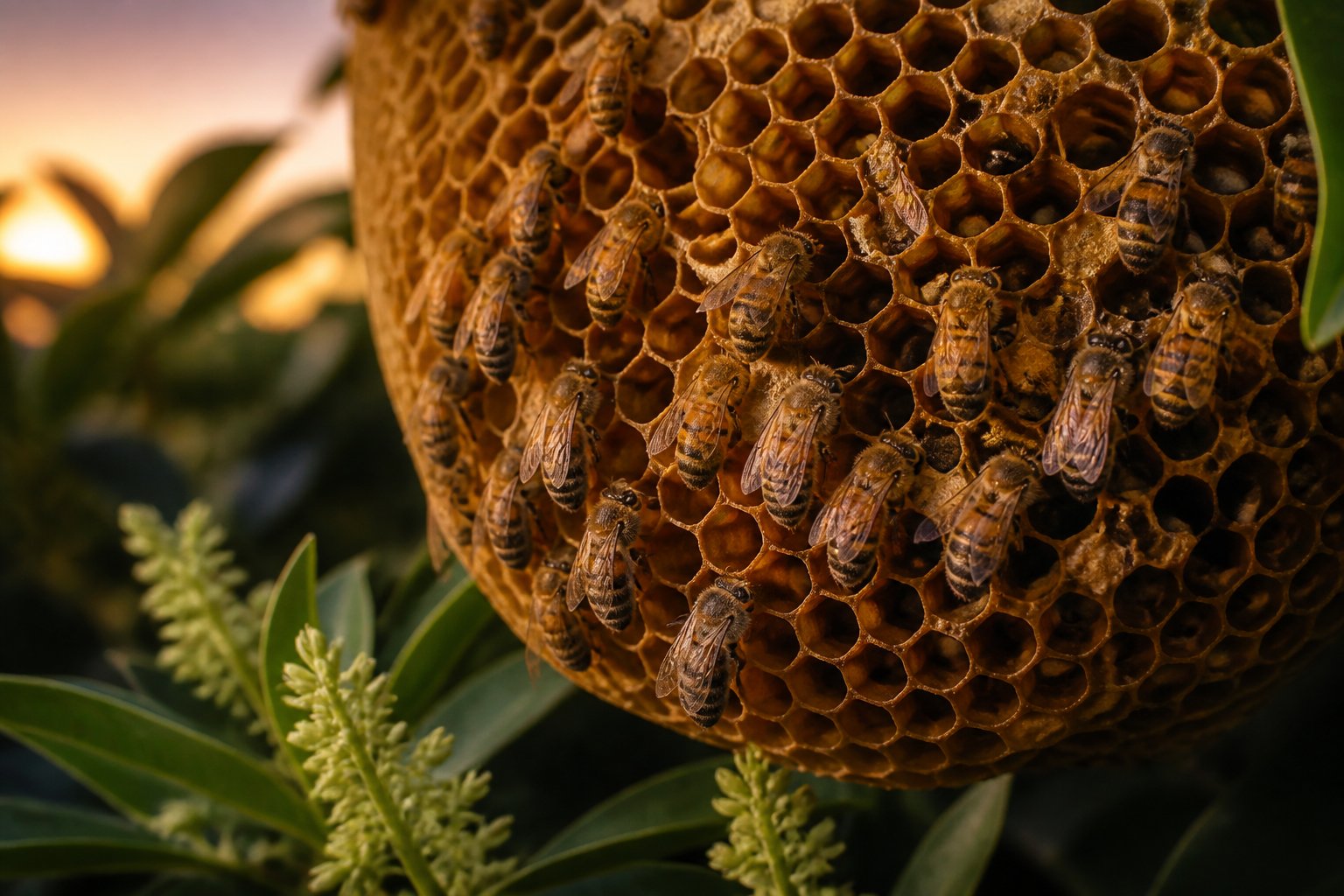 Close-up of bees resting inside a honeycomb hive surrounded by plants at dusk.