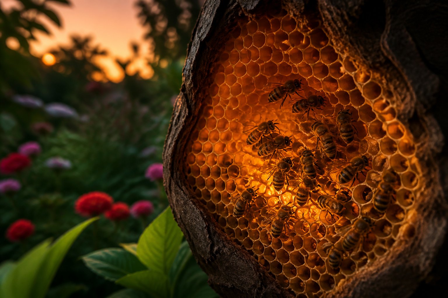 Close-up of honeybees resting inside a honeycomb in a garden during twilight.