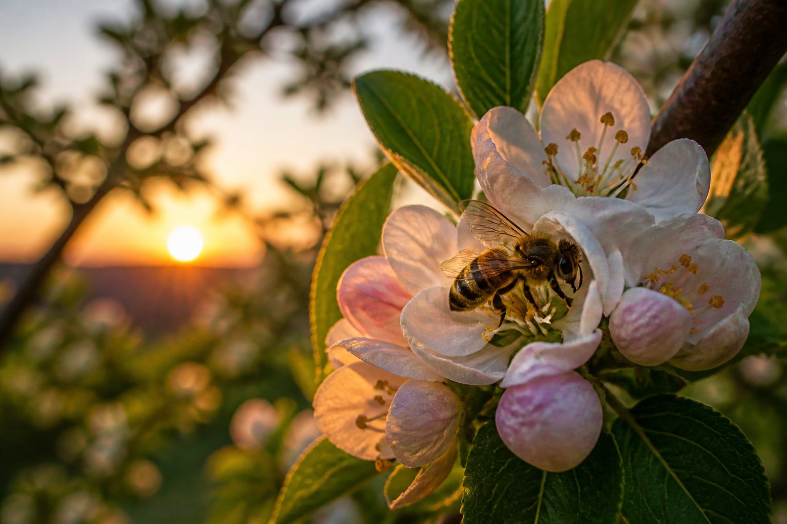 A honeybee resting quietly inside a cluster of flowers on a leafy branch at sunset.