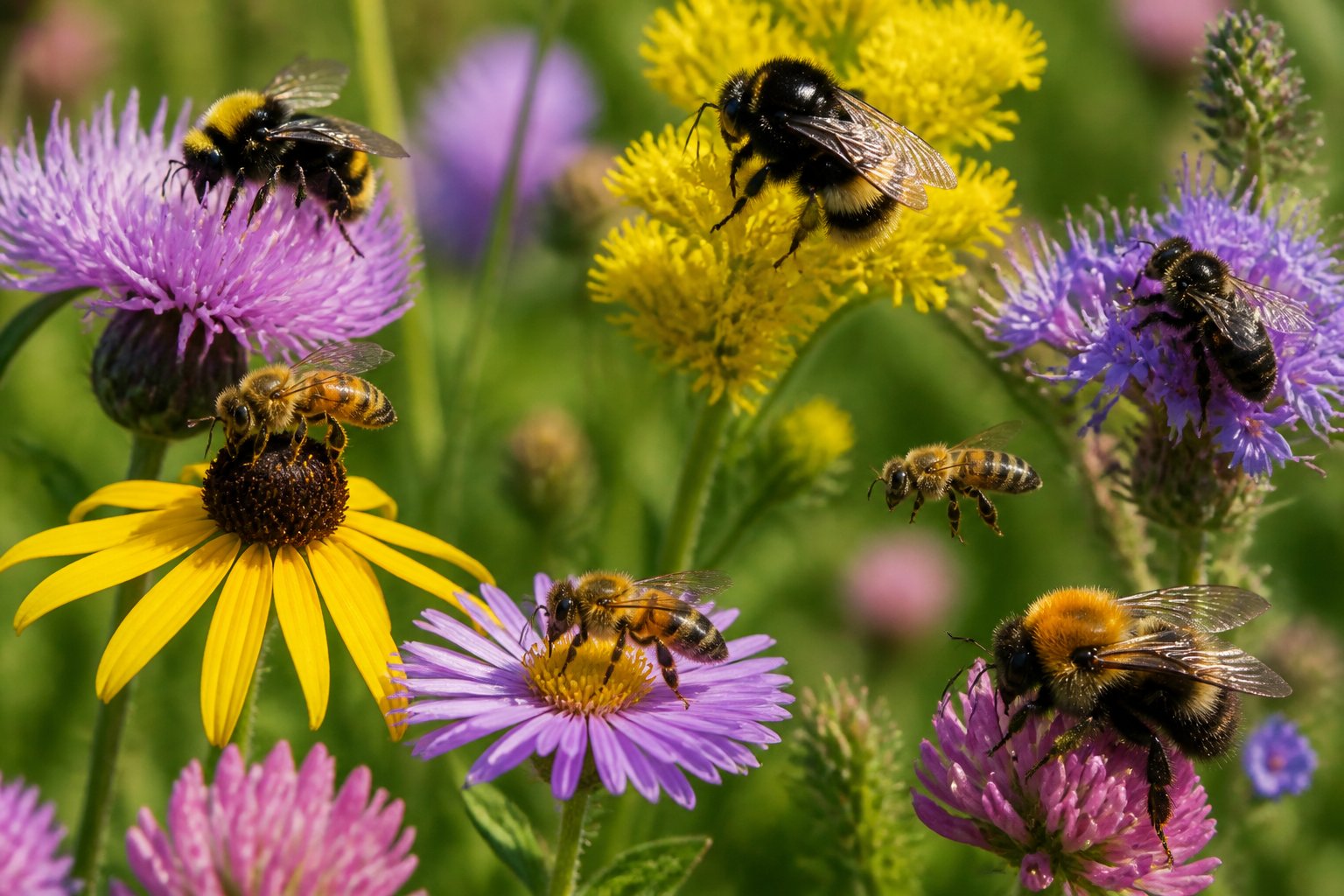 Close-up of various bees on colorful wildflowers in a natural meadow.