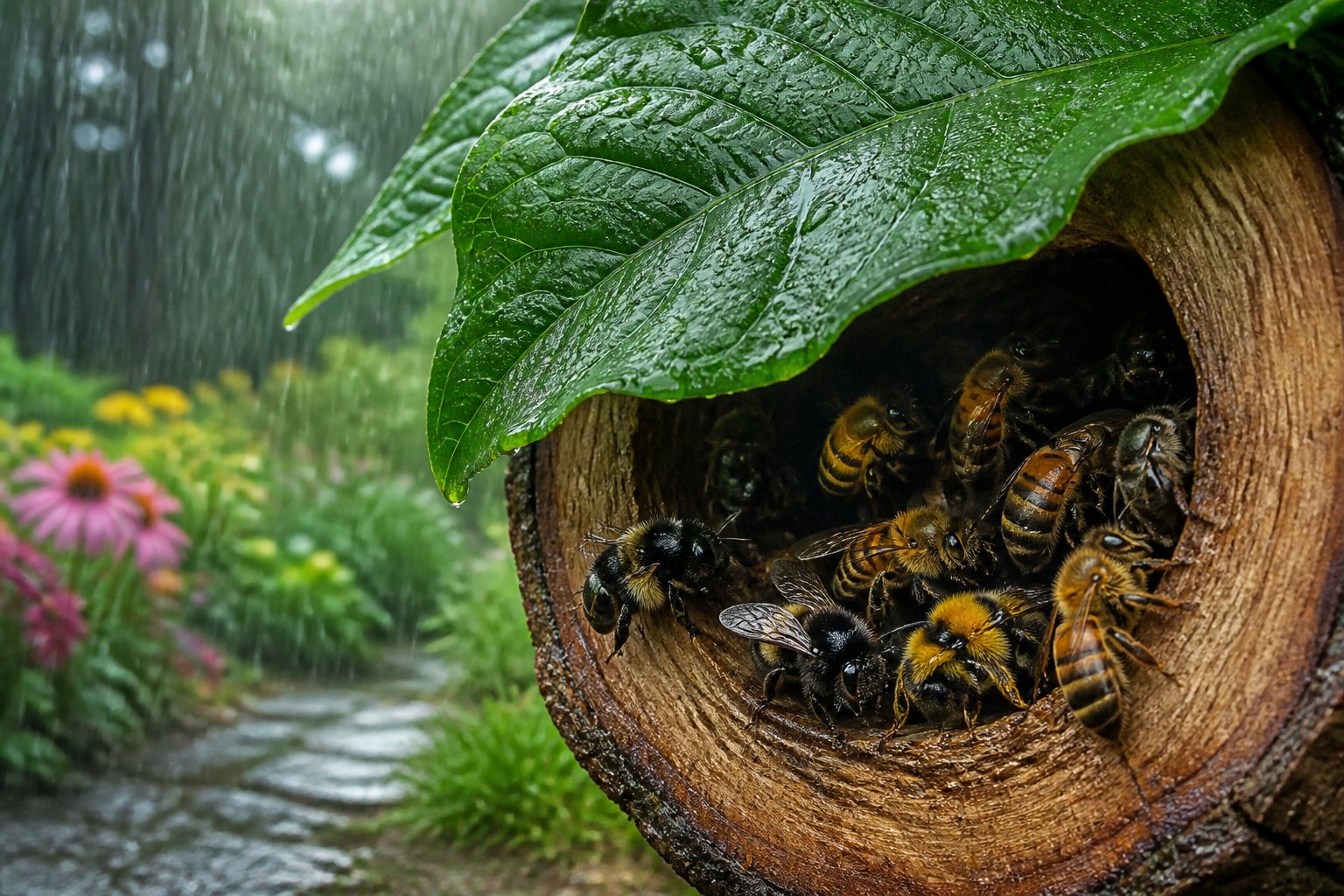Bees of different species sheltering under a large leaf and inside a hollow tree trunk during rain in a garden.