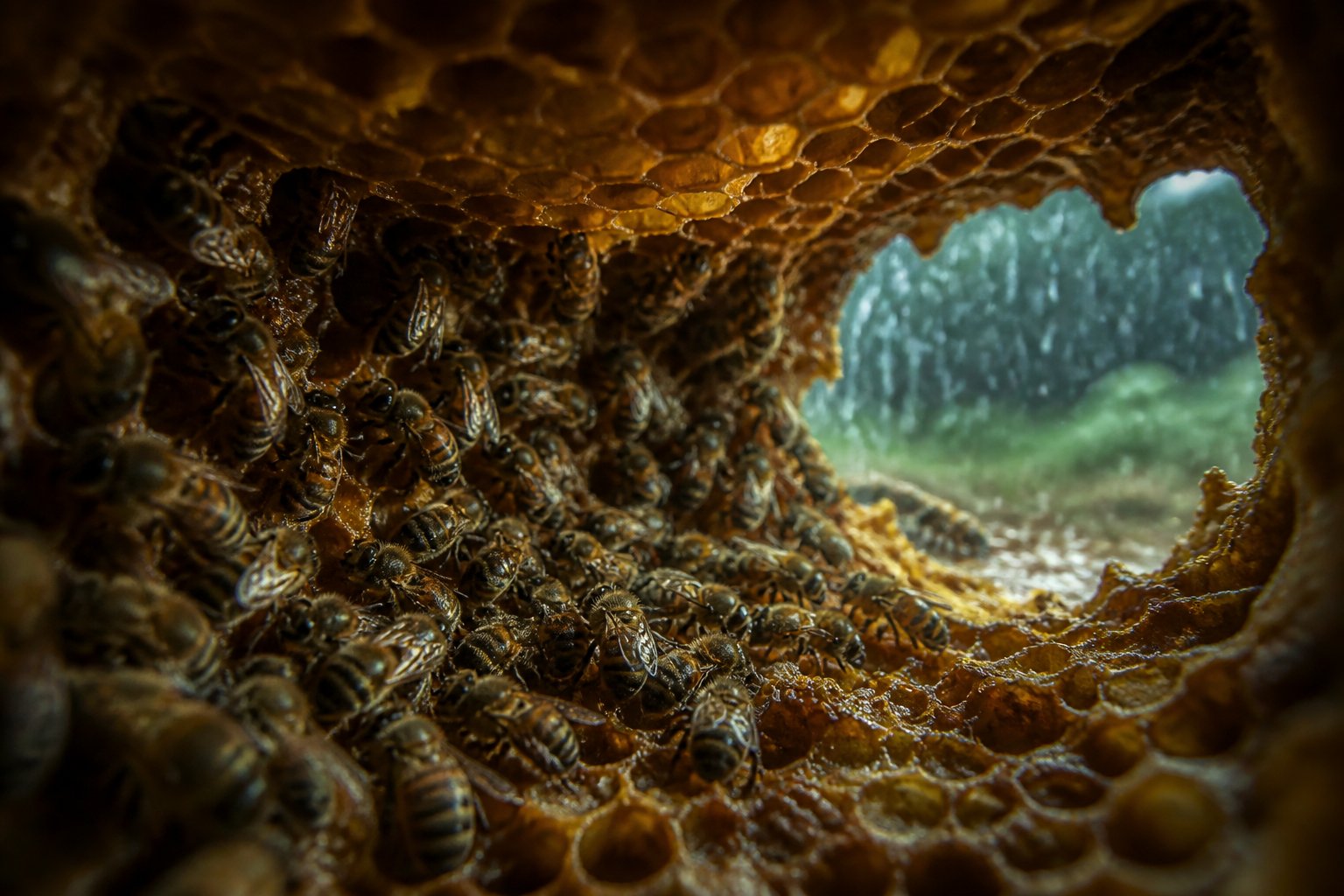 Close-up view inside a bee hive showing honeybees clustered together on honeycomb cells while rain falls outside.